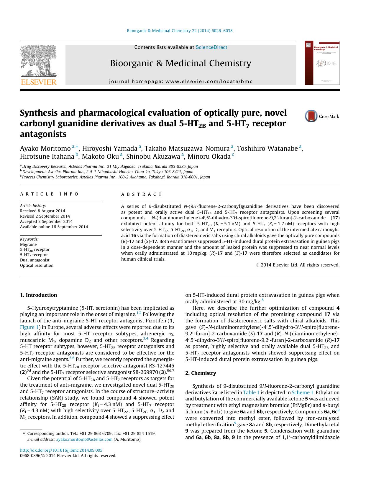 Synthesis and pharmacological evaluation of optically pure, novel carbonyl guanidine derivatives as dual 5-HT2B and 5-HT7 receptor antagonists by unknow