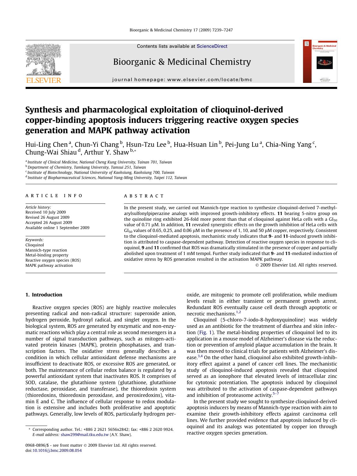 Synthesis and pharmacological exploitation of clioquinol-derived copper-binding apoptosis inducers triggering reactive oxygen species generation and MAPK pathway activation by unknow