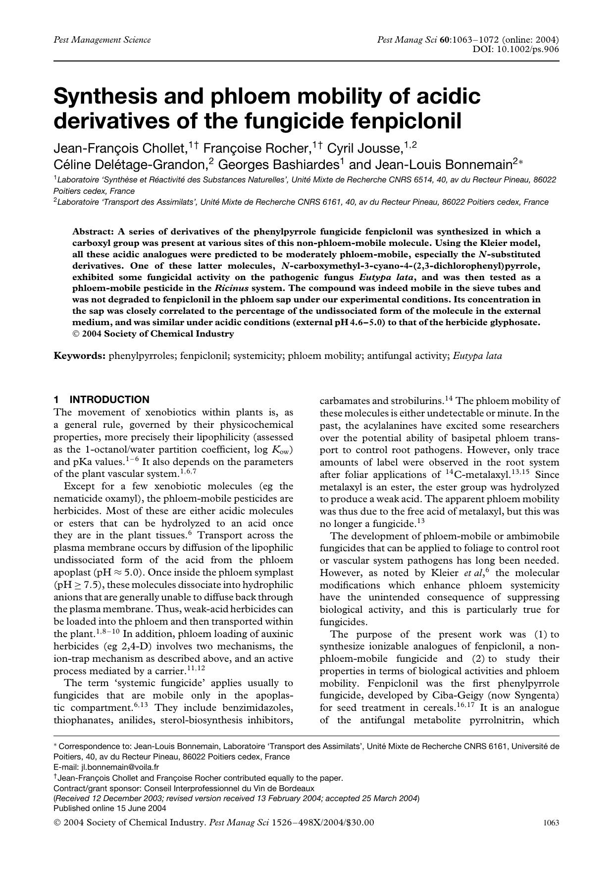 Synthesis and phloem mobility of acidic derivatives of the fungicide fenpiclonil by Unknown