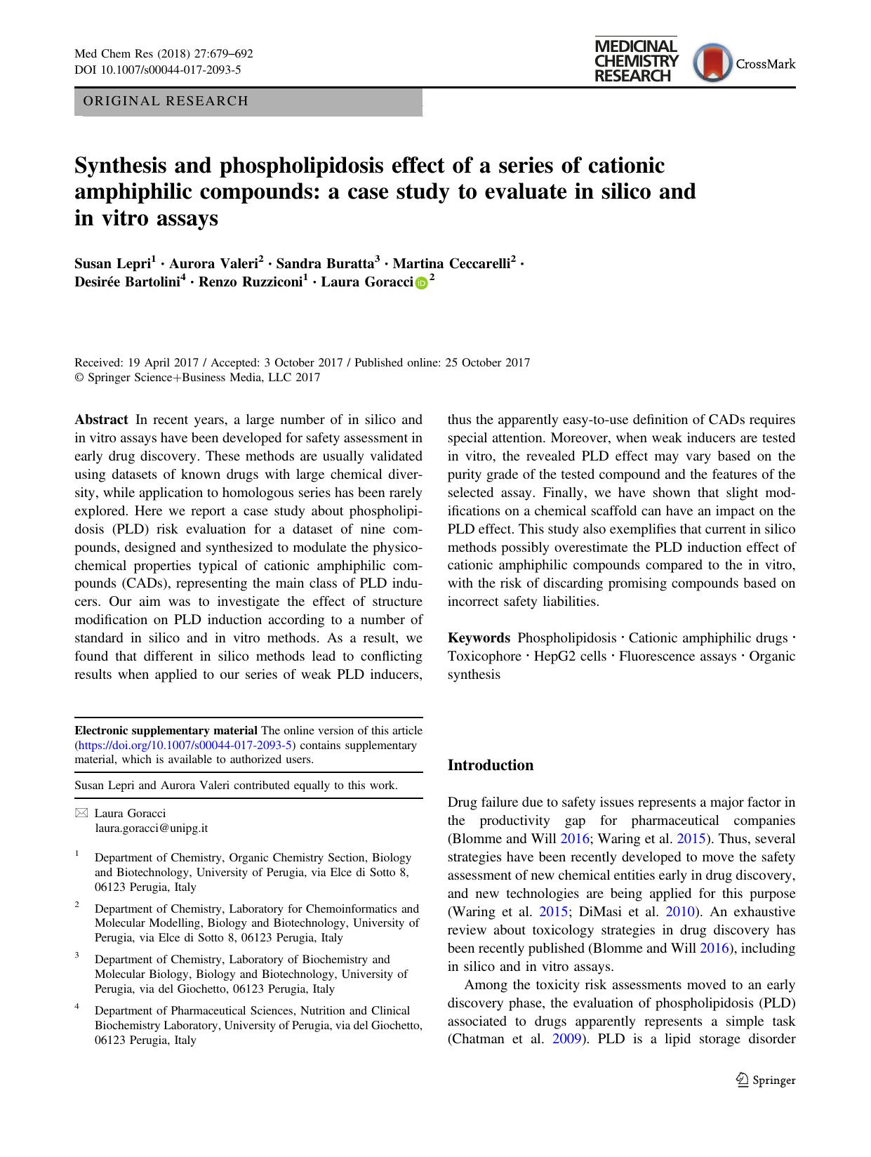 Synthesis and phospholipidosis effect of a series of cationic amphiphilic compounds: a case study to evaluate in silico and in vitro assays by unknow