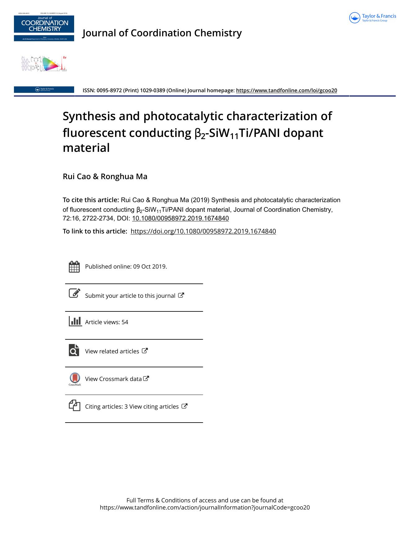 Synthesis and photocatalytic characterization of fluorescent conducting Î²2-SiW11TiPANI dopant material by Cao Rui & Ma Ronghua
