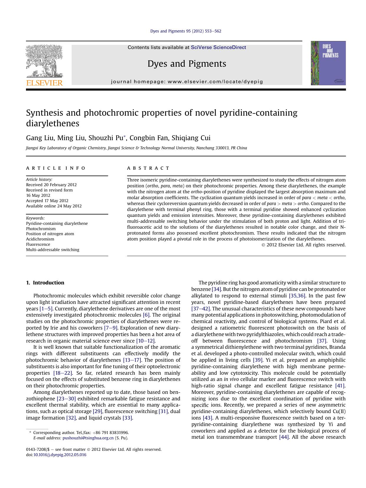 Synthesis and photochromic properties of novel pyridine-containing diarylethenes by Gang Liu & Ming Liu & Shouzhi Pu & Congbin Fan & Shiqiang Cui