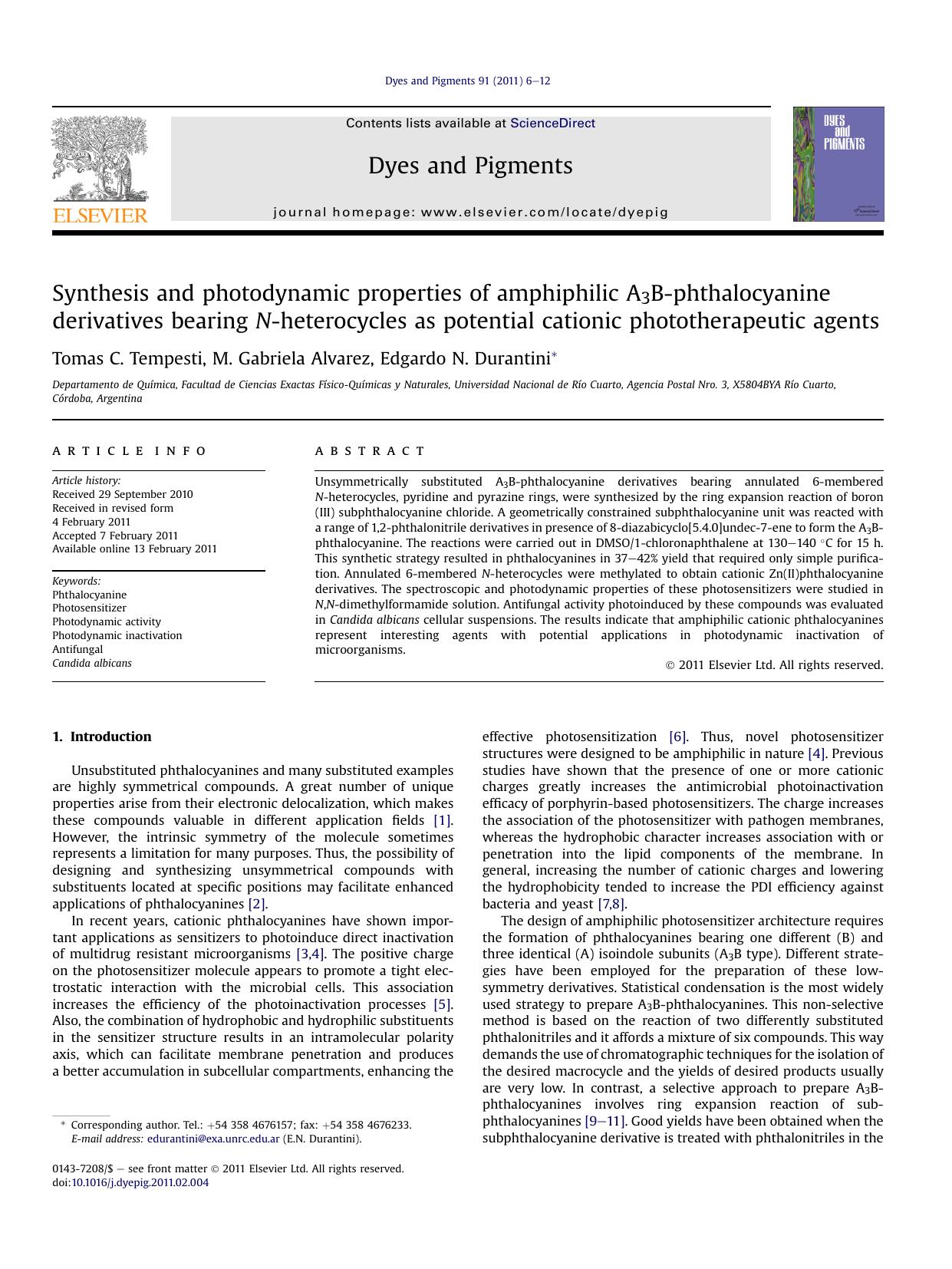 Synthesis and photodynamic properties of amphiphilic A3B-phthalocyanine derivatives bearing N-heterocycles as potential cationic phototherapeutic agents by Tomas C. Tempesti & M. Gabriela Alvarez & Edgardo N. Durantini