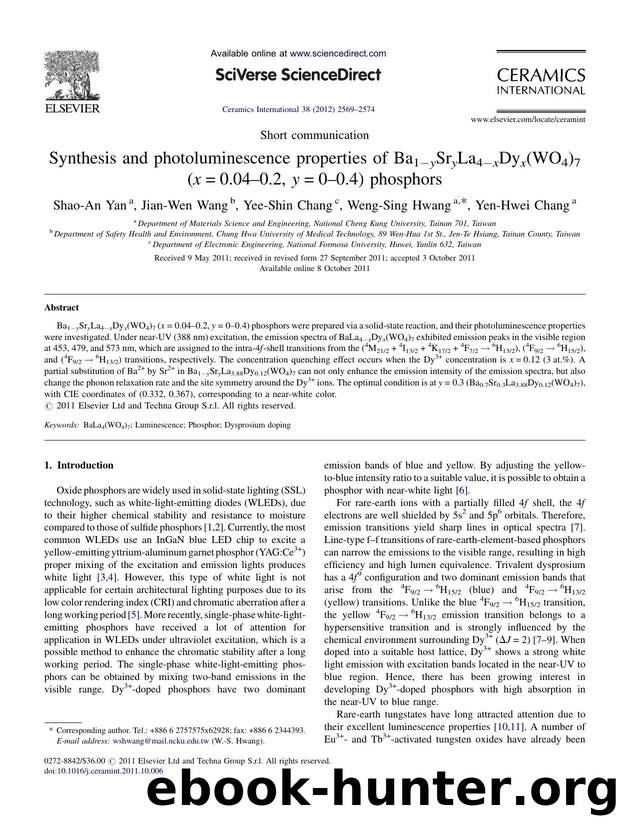 Synthesis and photoluminescence properties of Ba1âySryLa4âxDyx(WO4)7 (x=0.04â0.2, y=0â0.4) phosphors by Shao-An Yan
