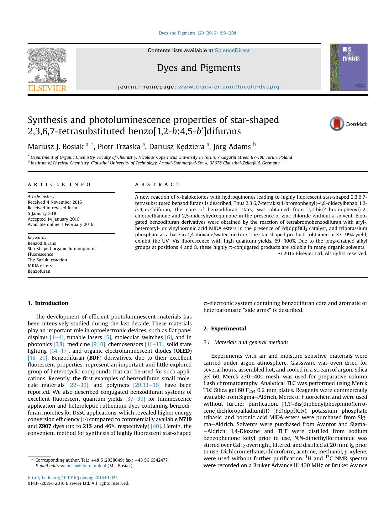 Synthesis and photoluminescence properties of star-shaped 2,3,6,7-tetrasubstituted benzo[1,2-b:4,5-b&prime;]difurans by Mariusz J. Bosiak & Piotr Trzaska & Dariusz Kędziera & Jörg Adams
