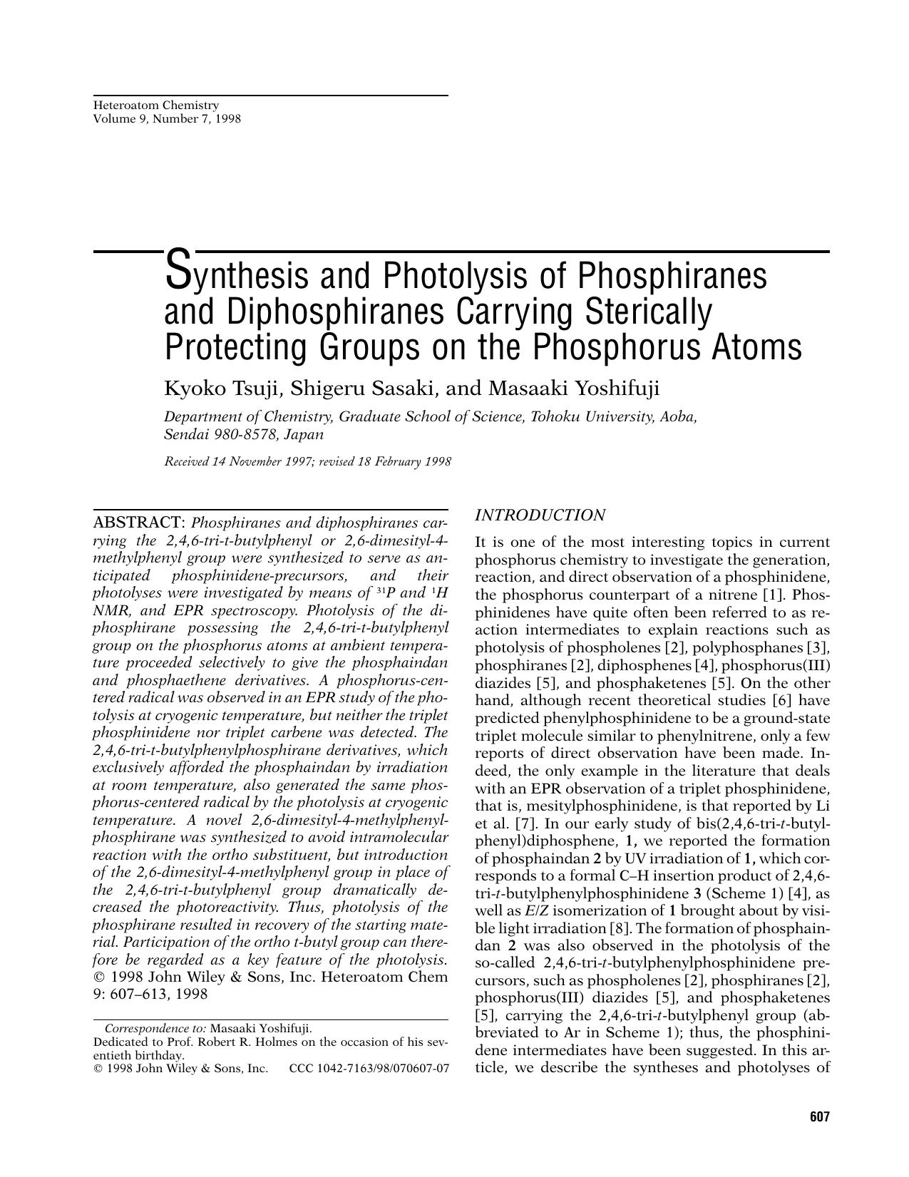Synthesis and photolysis of phosphiranes and diphosphiranes carrying sterically protecting groups on the phosphorus atoms by Unknown