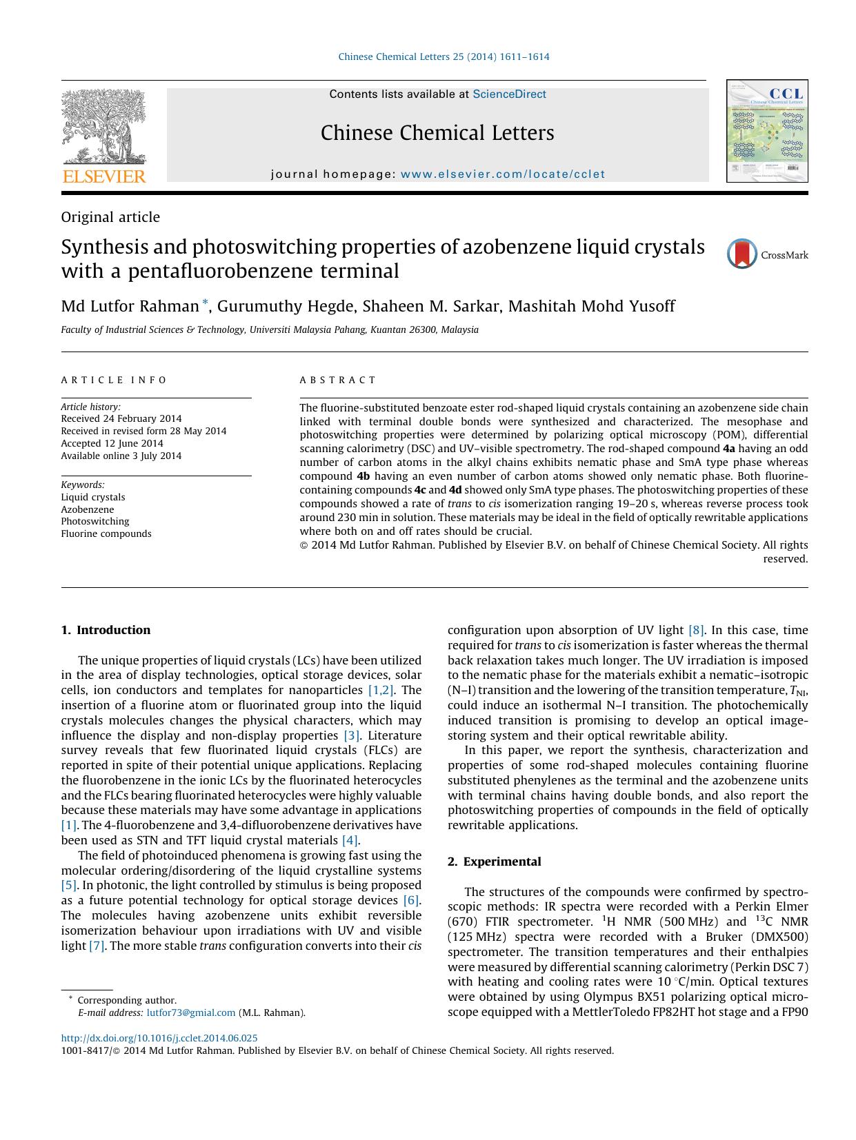 Synthesis and photoswitching properties of azobenzene liquid crystals with a pentafluorobenzene terminal by Md Lutfor Rahman & Gurumuthy Hegde & Shaheen M. Sarkar & Mashitah Mohd Yusoff