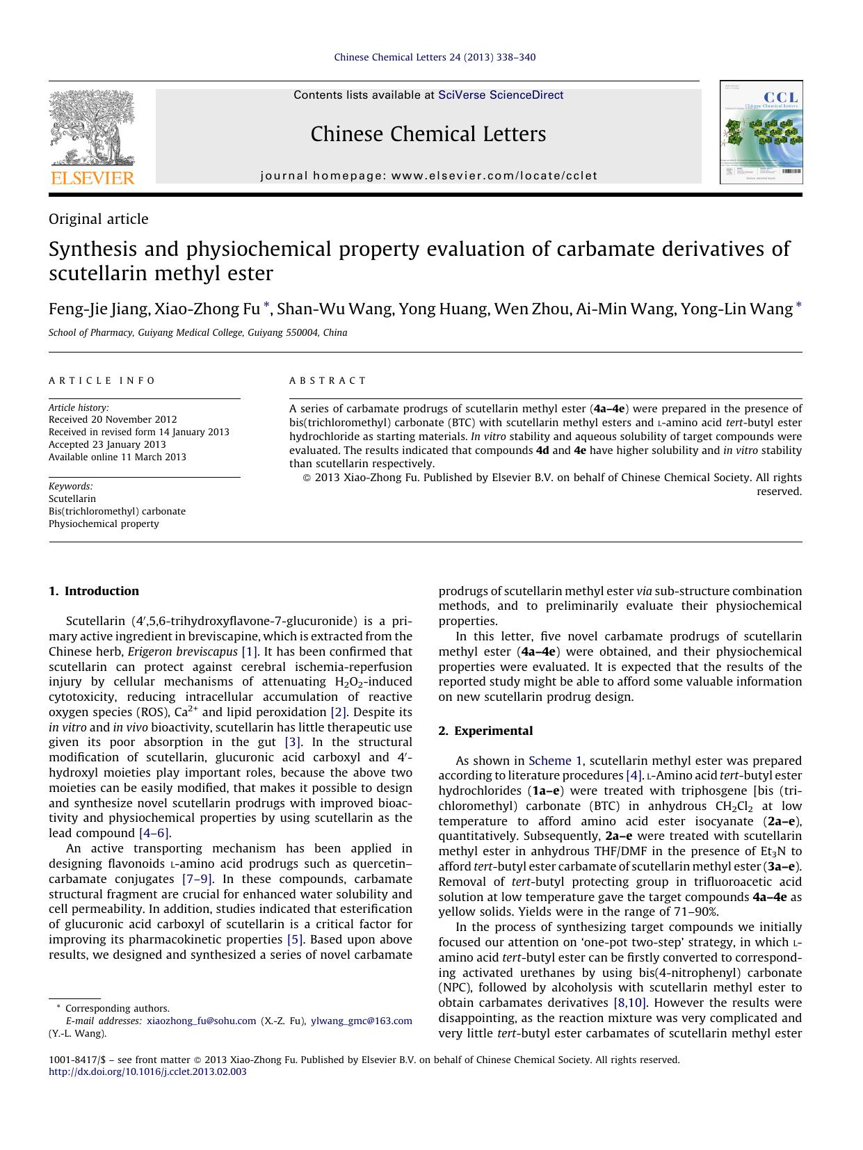 Synthesis and physiochemical property evaluation of carbamate derivatives of scutellarin methyl ester by Feng-Jie Jiang
