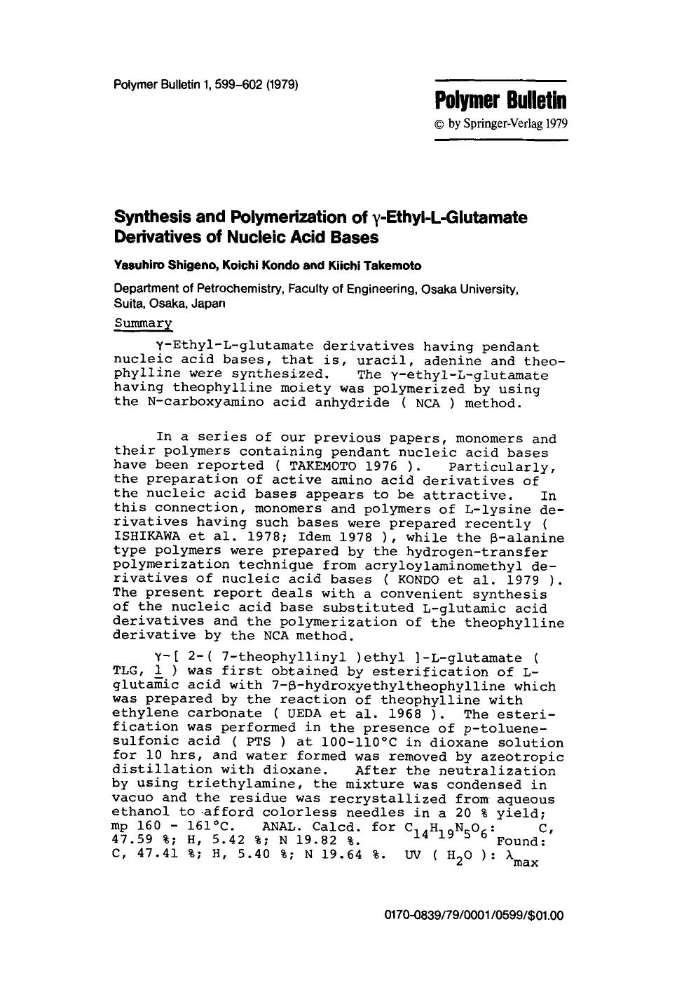 Synthesis and polymerization of γ-ethyl-L-glutamate derivatives of nucleic acid bases by Unknown