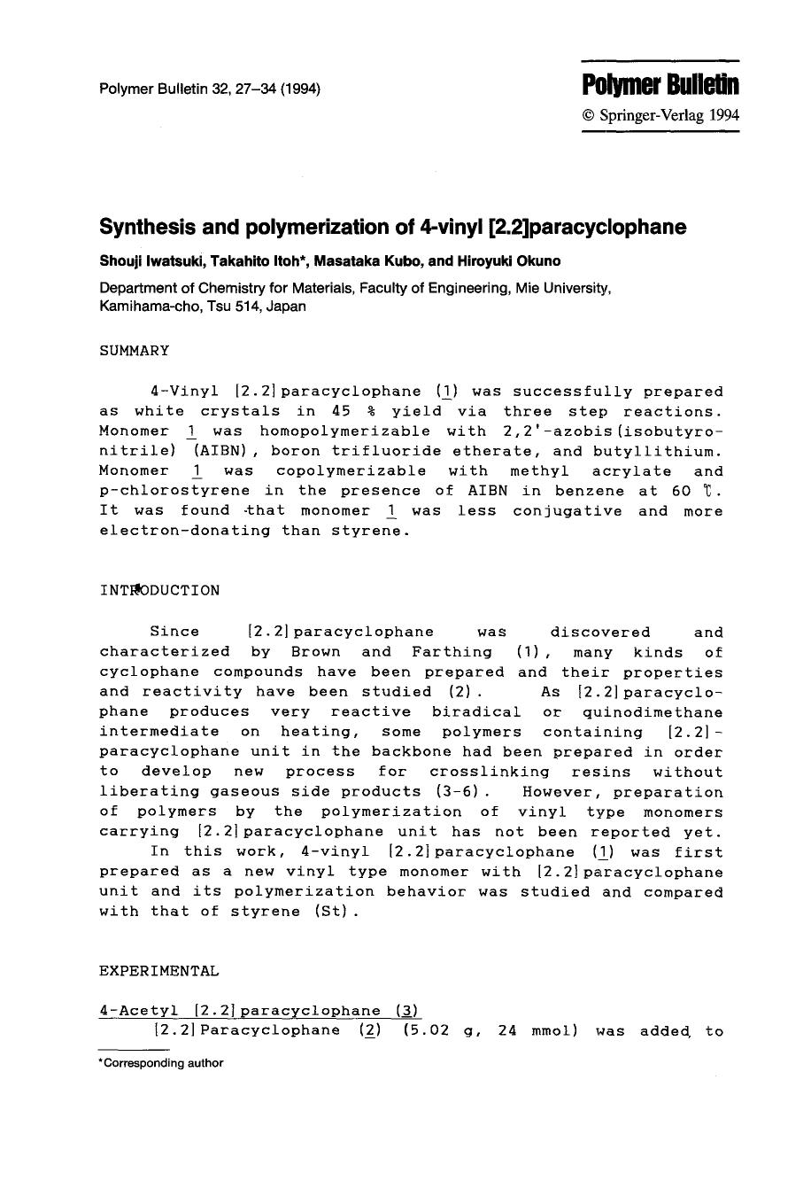 Synthesis and polymerization of 4-vinyl [2.2]paracyclophane by Unknown