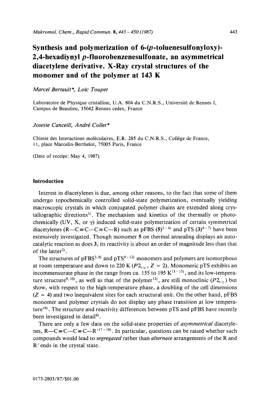 Synthesis and polymerization of 6-(p-toluenesulfonyloxy)-2,4-hexadiynyl p-fluorobenzenesulfonate, an asymmetrical diacetylene derivative. X-ray crystal structures of the monomer an by Unknown
