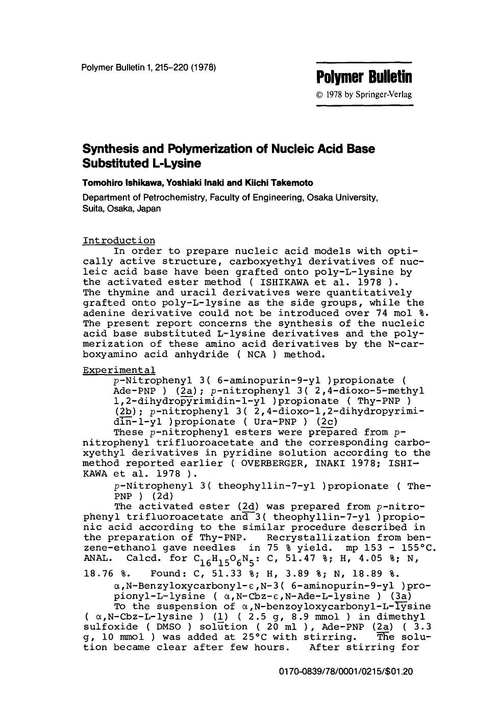 Synthesis and polymerization of nucleic acid base substituted L-lysine by Unknown