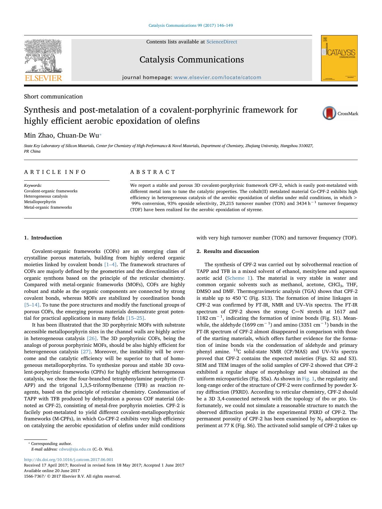 Synthesis and post-metalation of a covalent-porphyrinic framework for highly efficient aerobic epoxidation of olefins by Min Zhao & Chuan-De Wu