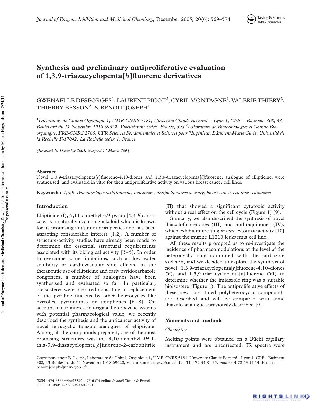 Synthesis and preliminary antiproliferative evaluation of 1,3,9-triazacyclopenta[b]fluorene derivatives by Gwenaelle Desforges Laurent Picot Cyril Montagne Valérie Thiéry Thierry Besson & Benoit Joseph