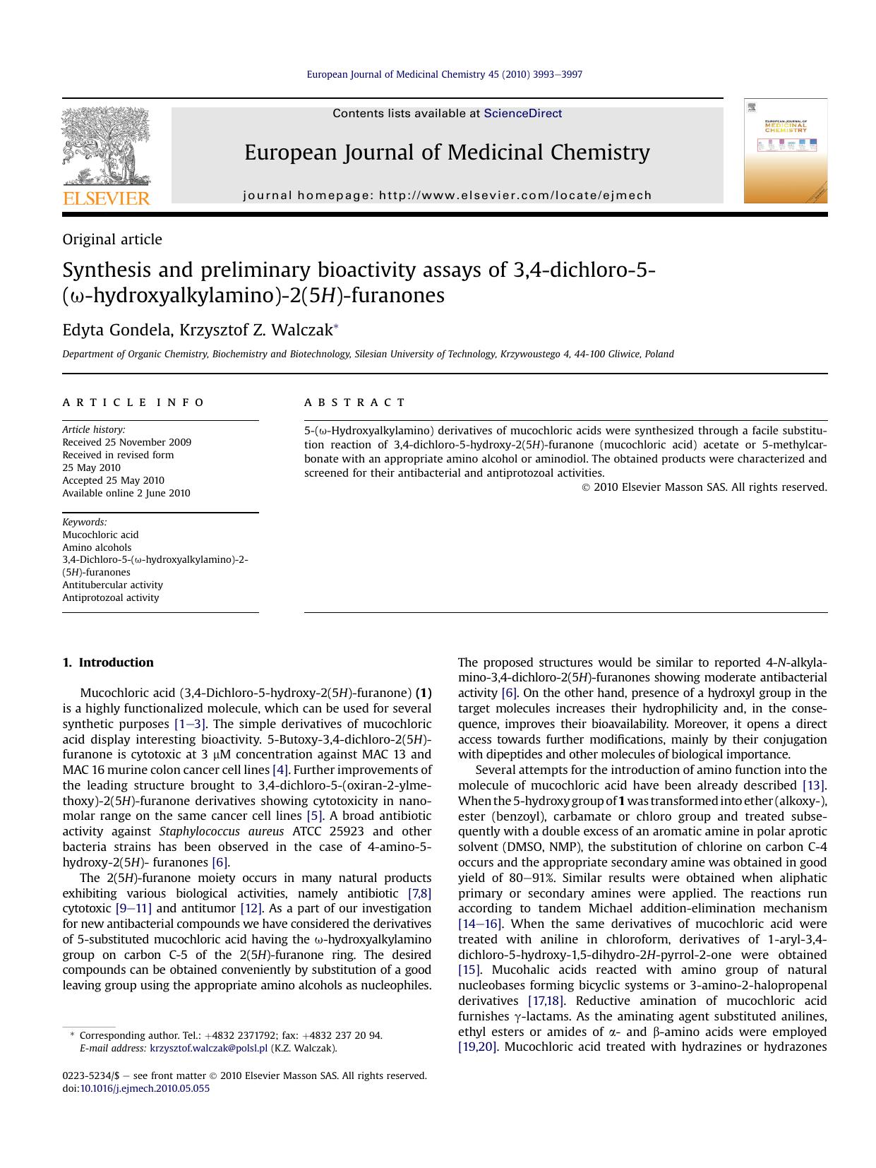 Synthesis and preliminary bioactivity assays of 3,4-dichloro-5-(&omega;-hydroxyalkylamino)-2(5H)-furanones by Edyta Gondela & Krzysztof Z. Walczak