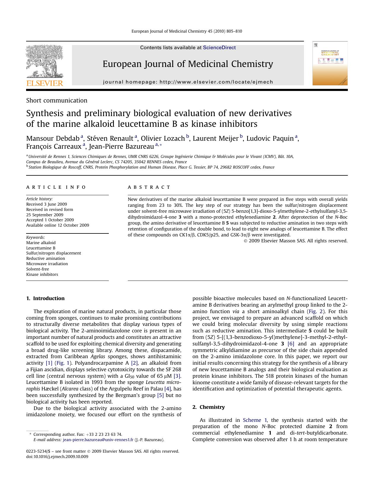 Synthesis and preliminary biological evaluation of new derivatives of the marine alkaloid leucettamine B as kinase inhibitors by unknow