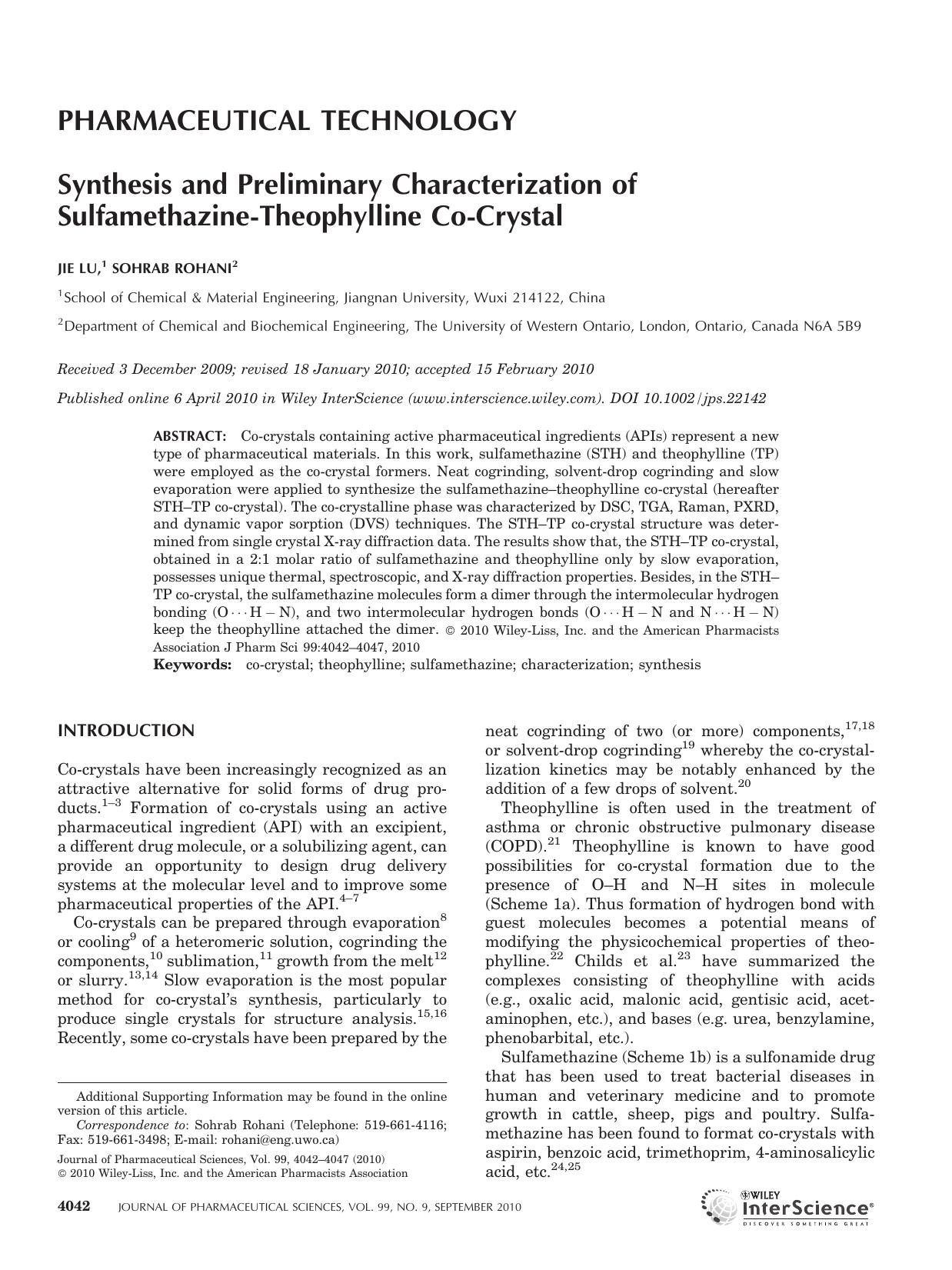 Synthesis and preliminary characterization of sulfamethazine?theophylline co?crystal by Unknown
