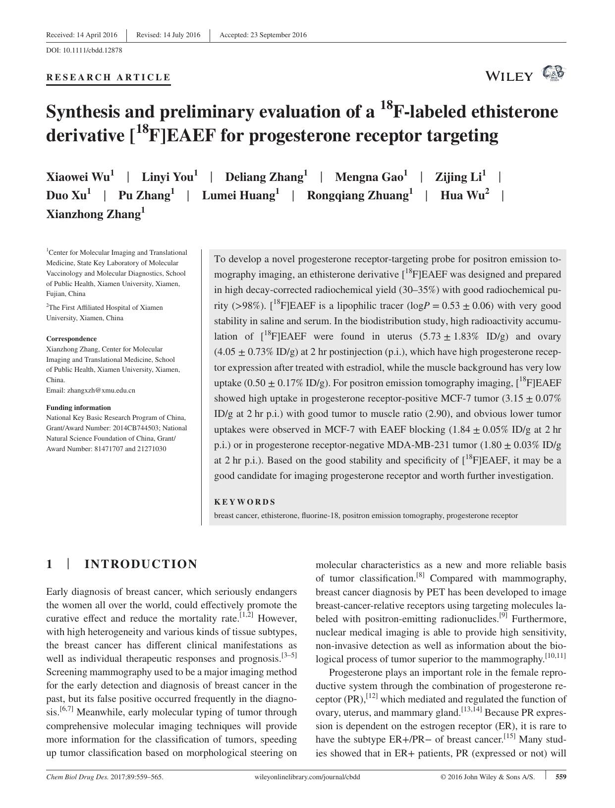 Synthesis and preliminary evaluation of a 18F‐labeled ethisterone derivative [18F]EAEF for progesterone receptor targeting by unknow