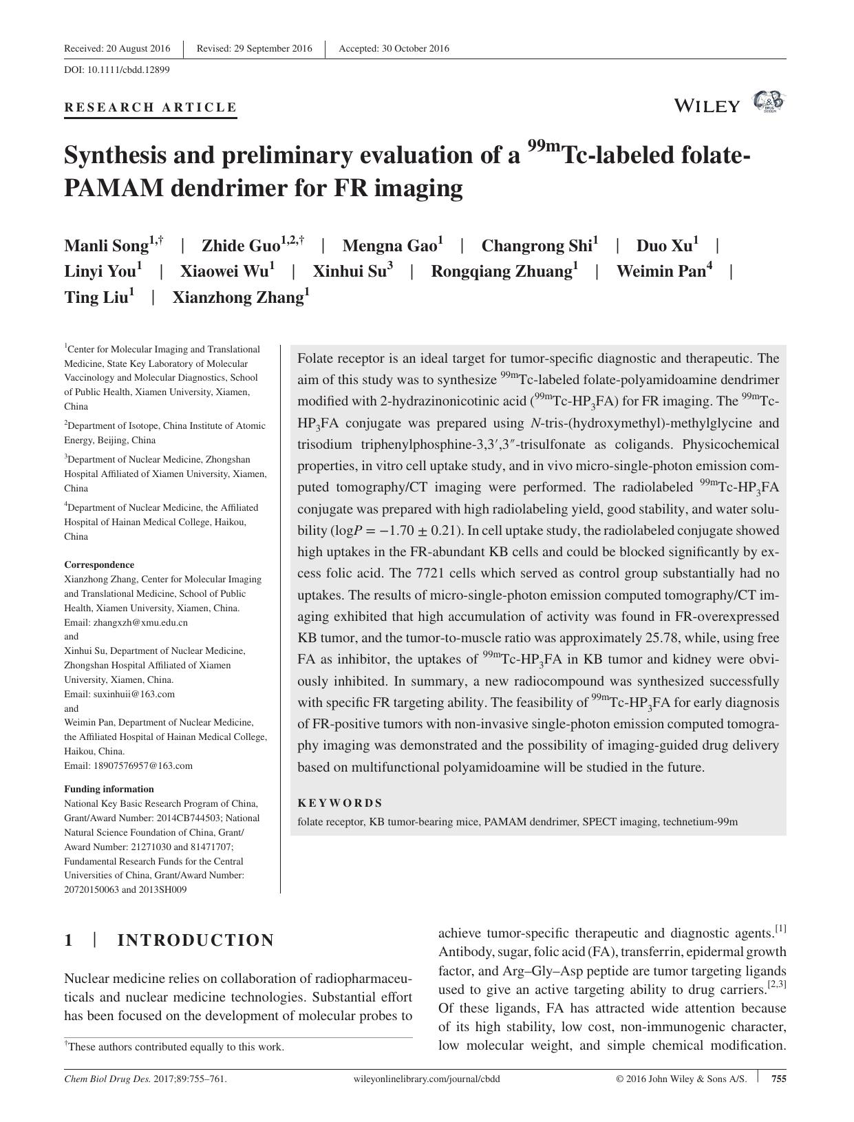 Synthesis and preliminary evaluation of a 99mTc‐labeled folate‐PAMAM dendrimer for FR imaging by unknow