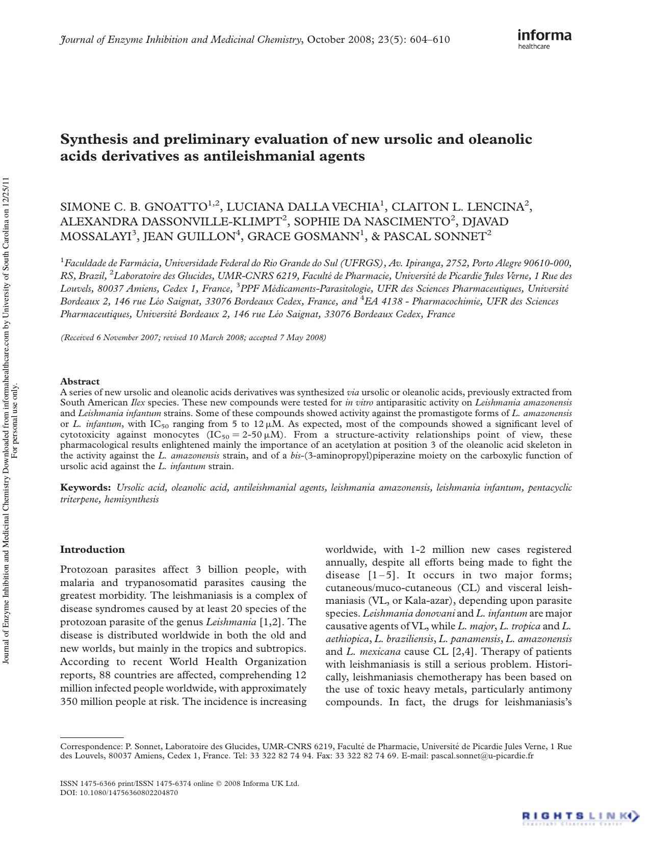 Synthesis and preliminary evaluation of new ursolic and oleanolic acids derivatives as antileishmanial agents by unknow