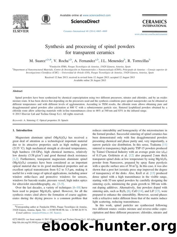Synthesis and processing of spinel powders for transparent ceramics by M. Suarez & V. Rocha & A. Fernandez & J.L. Menendez & R. Torrecillas