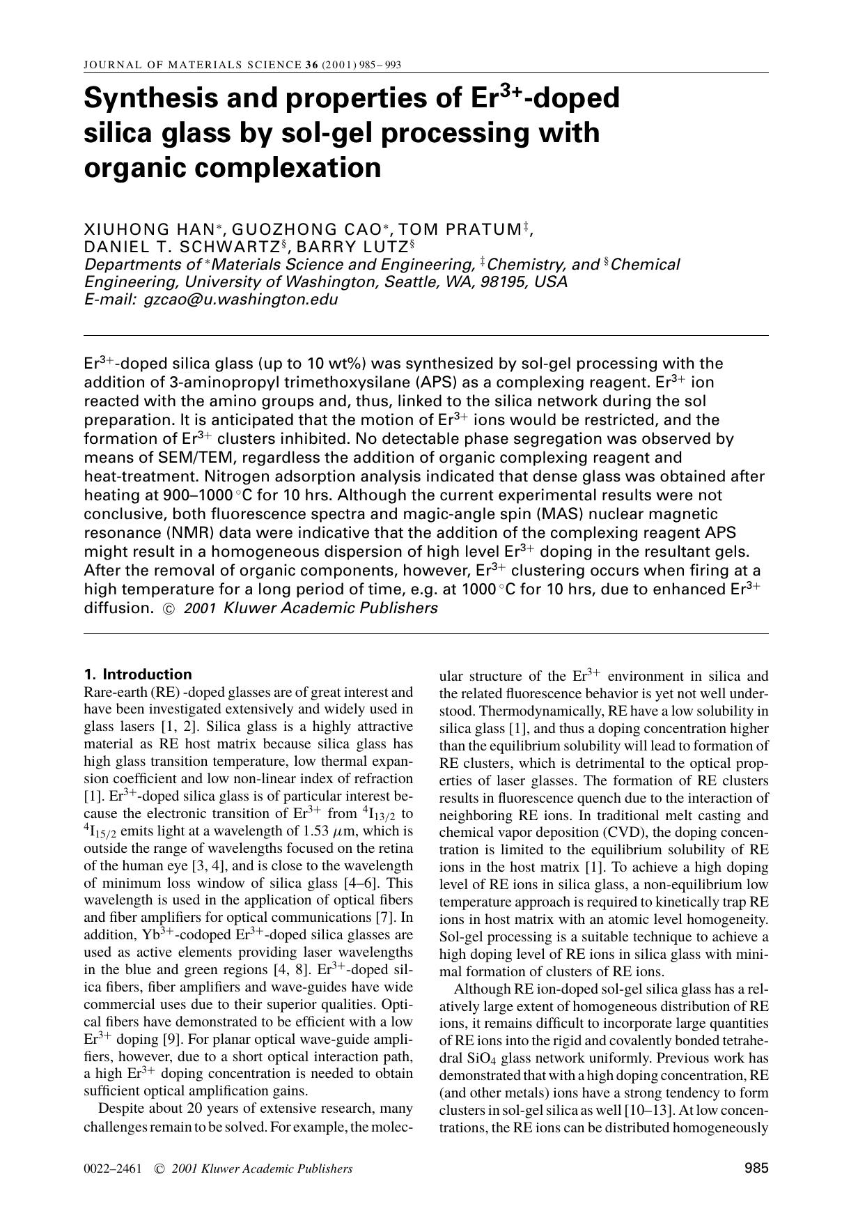 Synthesis and properties of Er3+-doped silica glass by sol-gel processing with organic complexation by Unknown