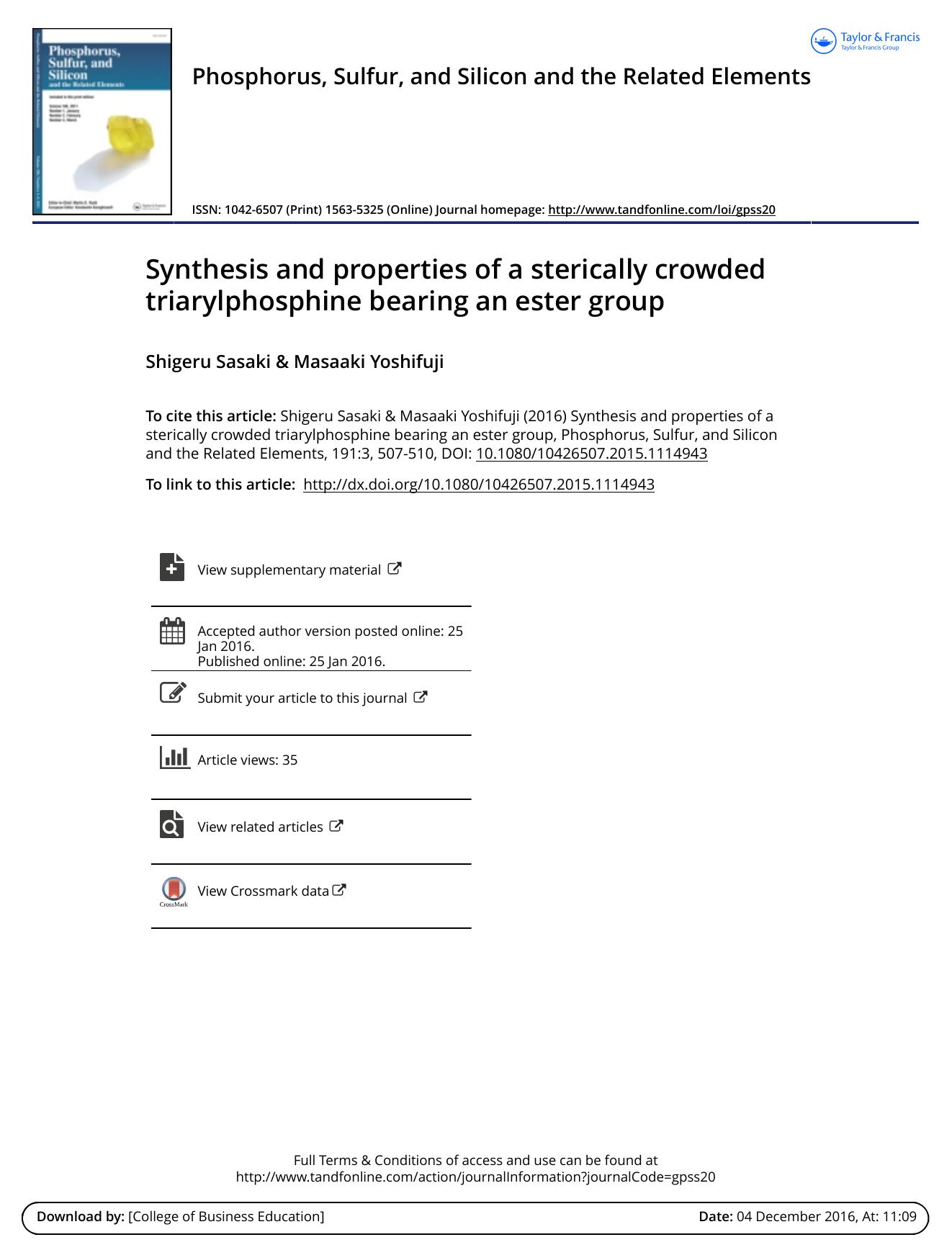 Synthesis and properties of a sterically crowded triarylphosphine bearing an ester group by Shigeru Sasaki & Masaaki Yoshifuji