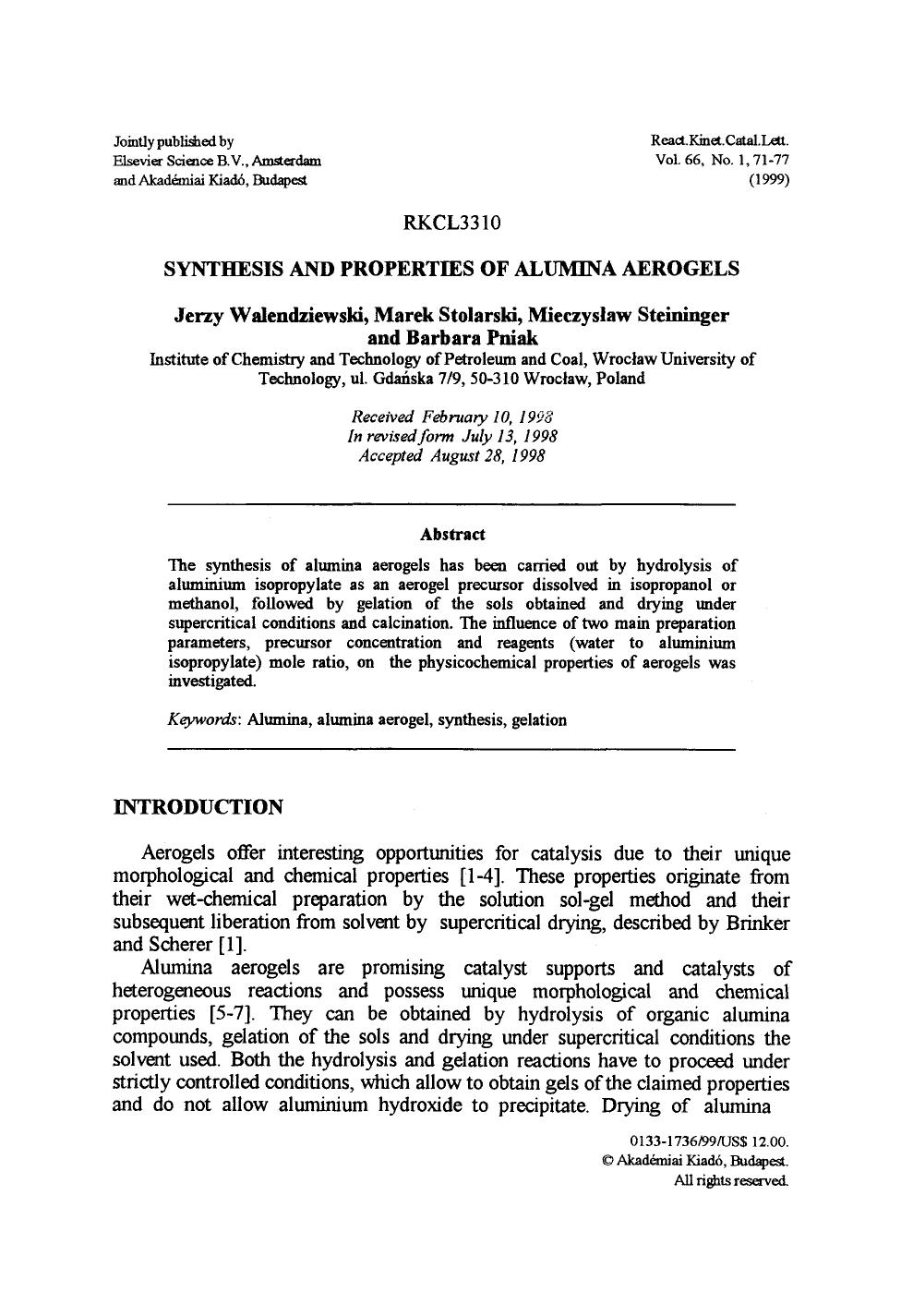 Synthesis and properties of alumina aerogels by Unknown