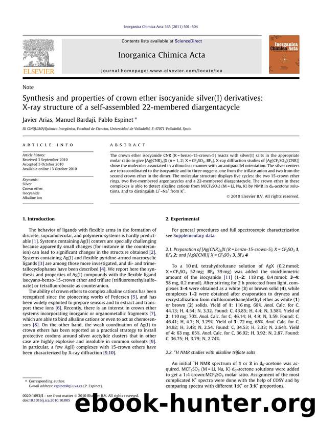 Synthesis and properties of crown ether isocyanide silver(I) derivatives: X-ray structure of a self-assembled 22-membered diargentacycle by Javier Arias & Manuel Bardají & Pablo Espinet