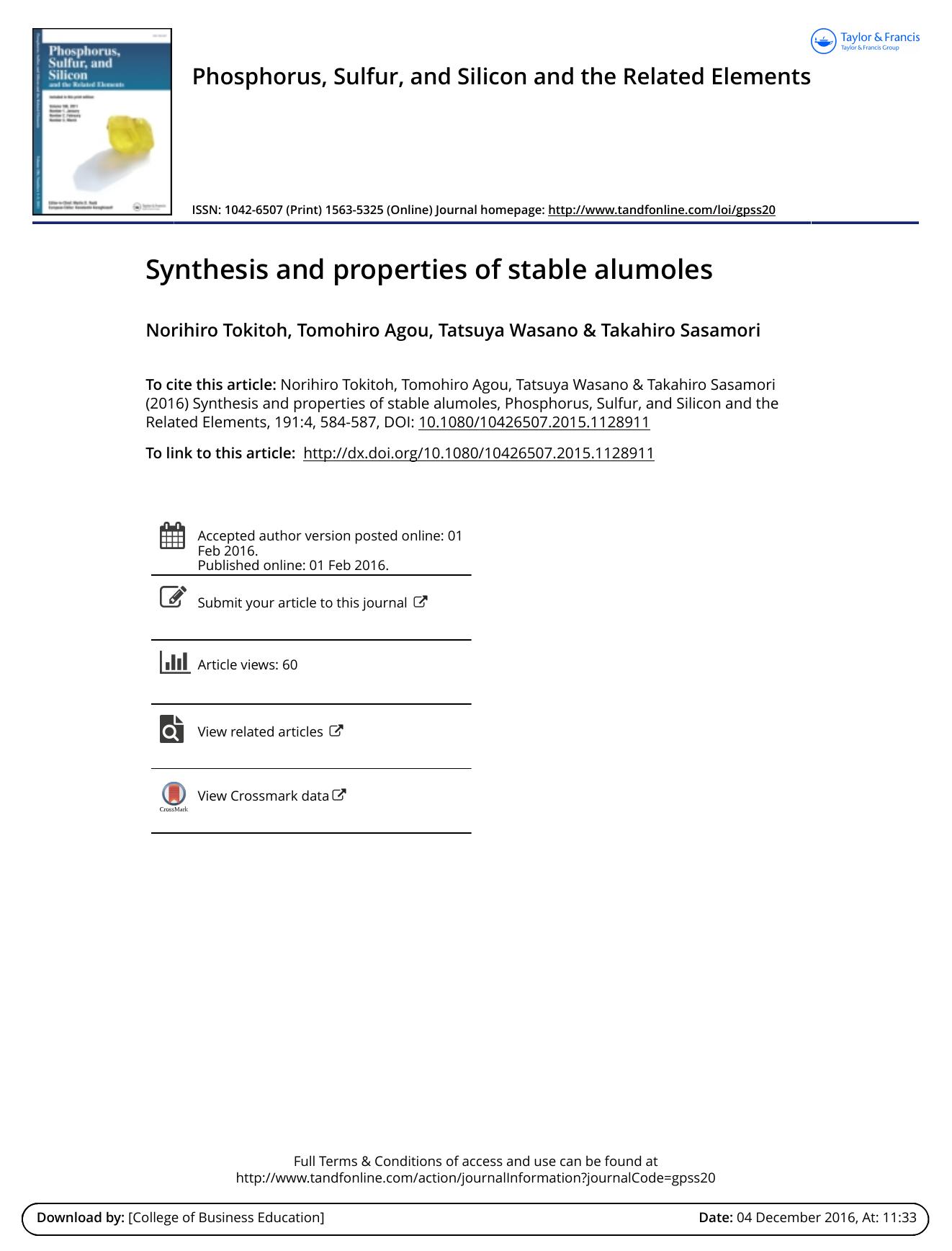 Synthesis and properties of stable alumoles by Norihiro Tokitoh & Tomohiro Agou & Tatsuya Wasano & Takahiro Sasamori