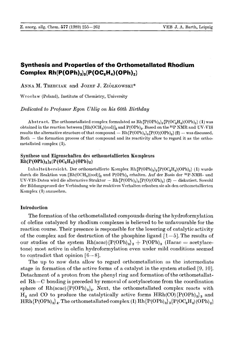 Synthesis and properties of the orthometallated rhodium complex Rh[lcub]P(OPh)3[rcub]3[lcub]P(OC6H4)(OPh)2[rcub] by Unknown