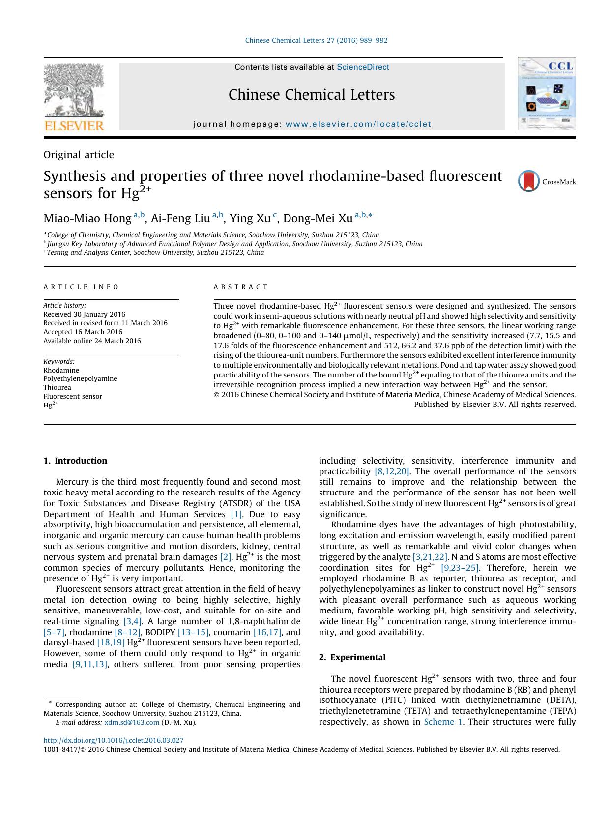 Synthesis and properties of three novel rhodamine-based fluorescent sensors for Hg2+ by Miao-Miao Hong & Ai-Feng Liu & Ying Xu & Dong-Mei Xu