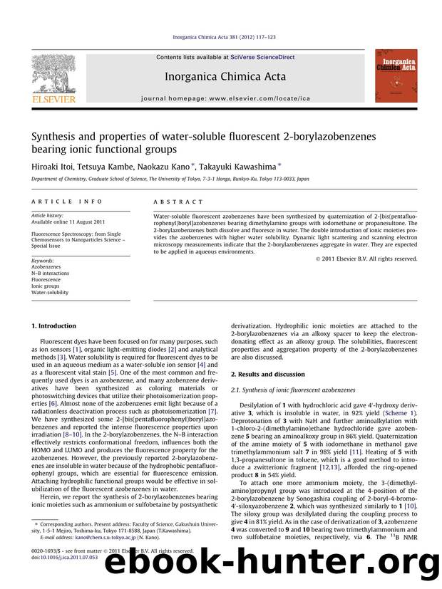 Synthesis and properties of water-soluble fluorescent 2-borylazobenzenes bearing ionic functional groups by Hiroaki Itoi & Tetsuya Kambe & Naokazu Kano & Takayuki Kawashima