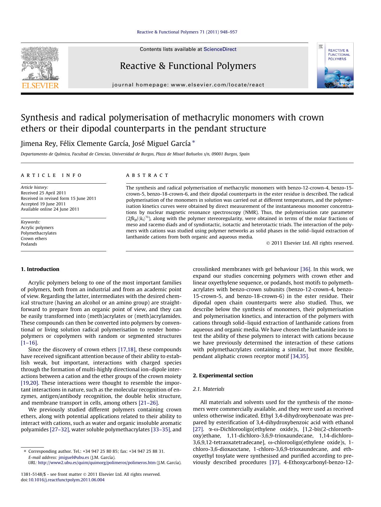 Synthesis and radical polymerisation of methacrylic monomers with crown ethers or their dipodal counterparts in the pendant structure by Jimena Rey & Félix Clemente García & José Miguel García