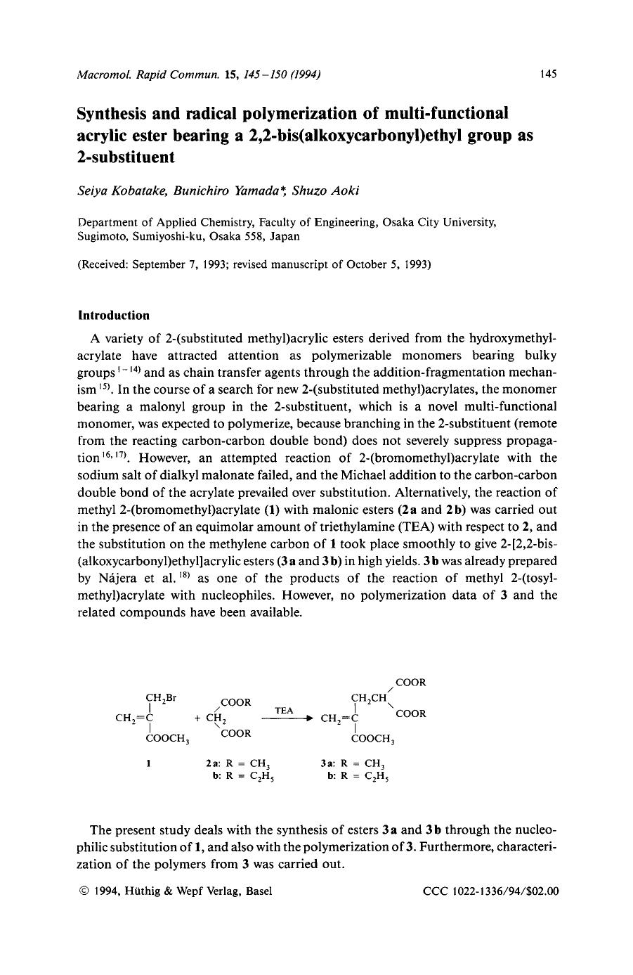 Synthesis and radical polymerization of multi-functional acrylic ester bearing a 2,2-bis(alkoxycarbonyl)ethyl group as 2-substituent by Unknown