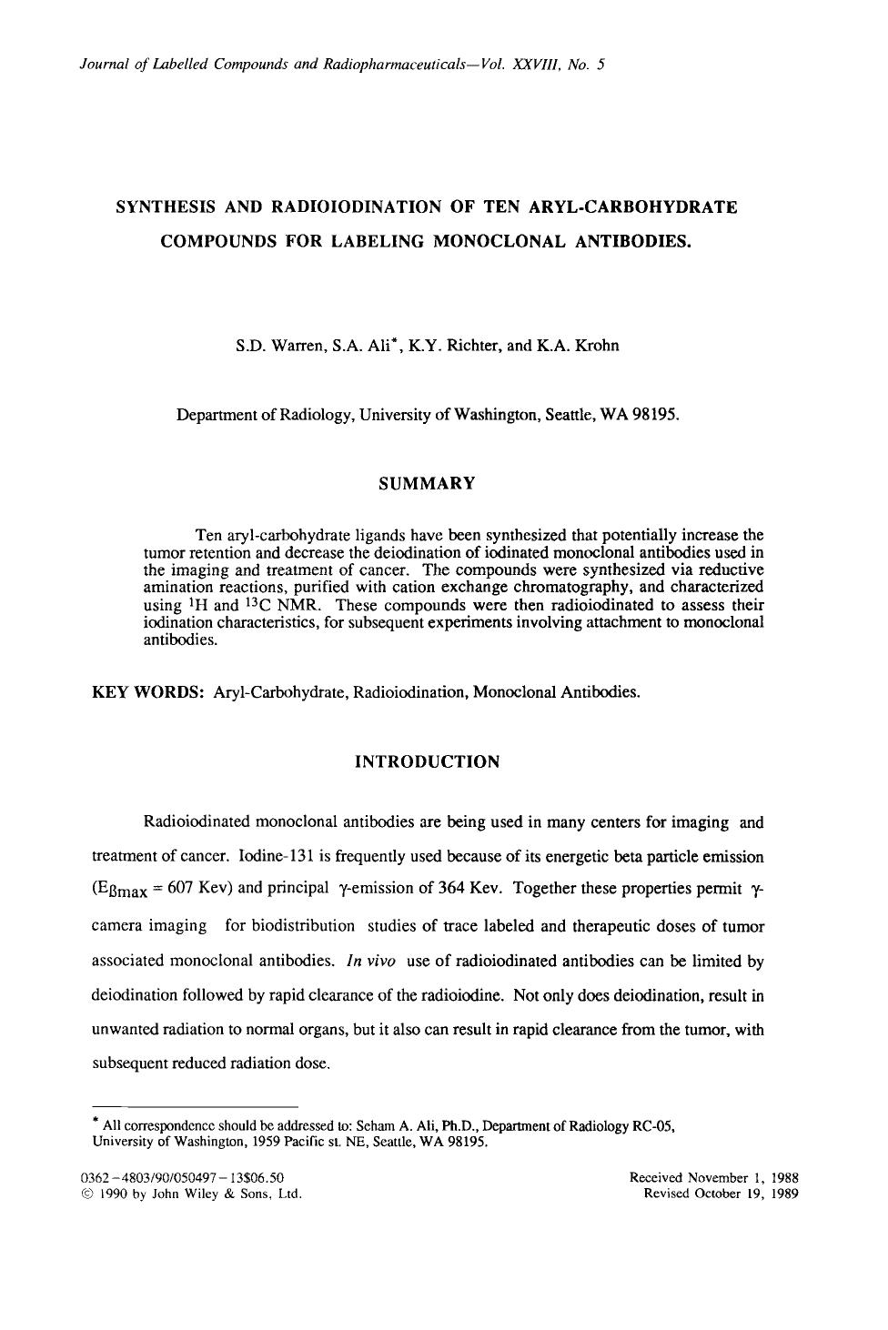 Synthesis and radioiodination of ten aryl-carbohydrate compounds for labeling monoclonal antibodies by Unknown