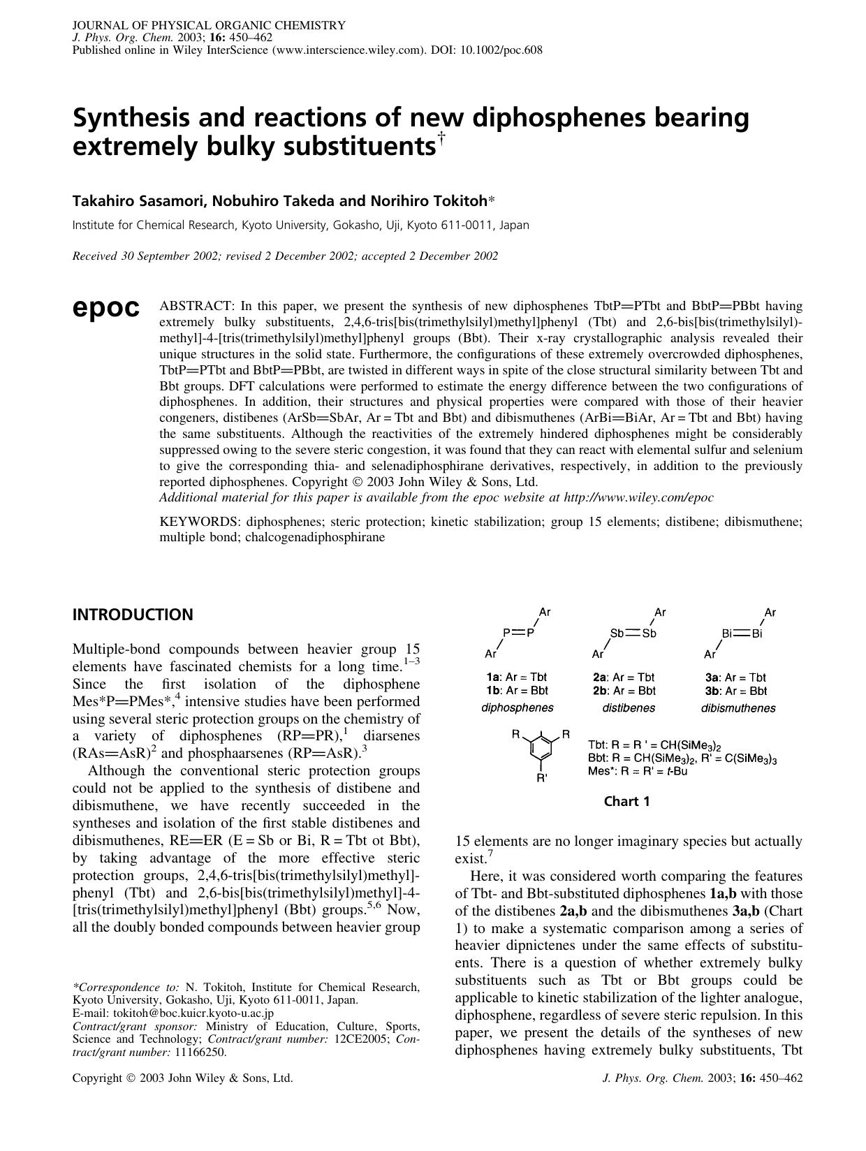 Synthesis and reactions of new diphosphenes bearing extremely bulky substituents by Unknown