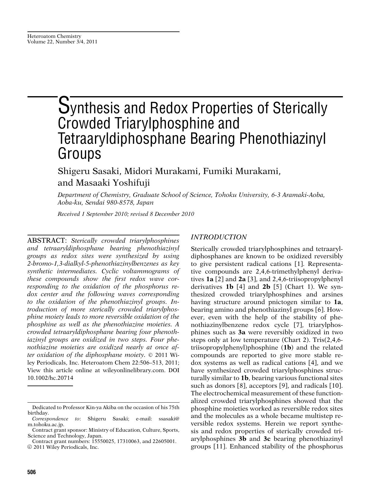 Synthesis and redox properties of sterically crowded triarylphosphine and tetraaryldiphosphane bearing phenothiazinyl groups by Ambika p PrasadTECHBOOKS