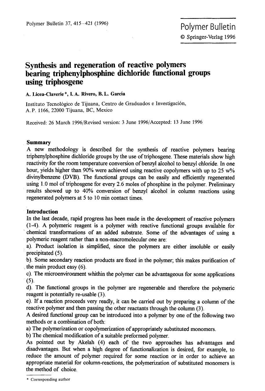 Synthesis and regeneration of reactive polymers bearing triphenylphosphine dichloride functional groups using triphosgene by Unknown