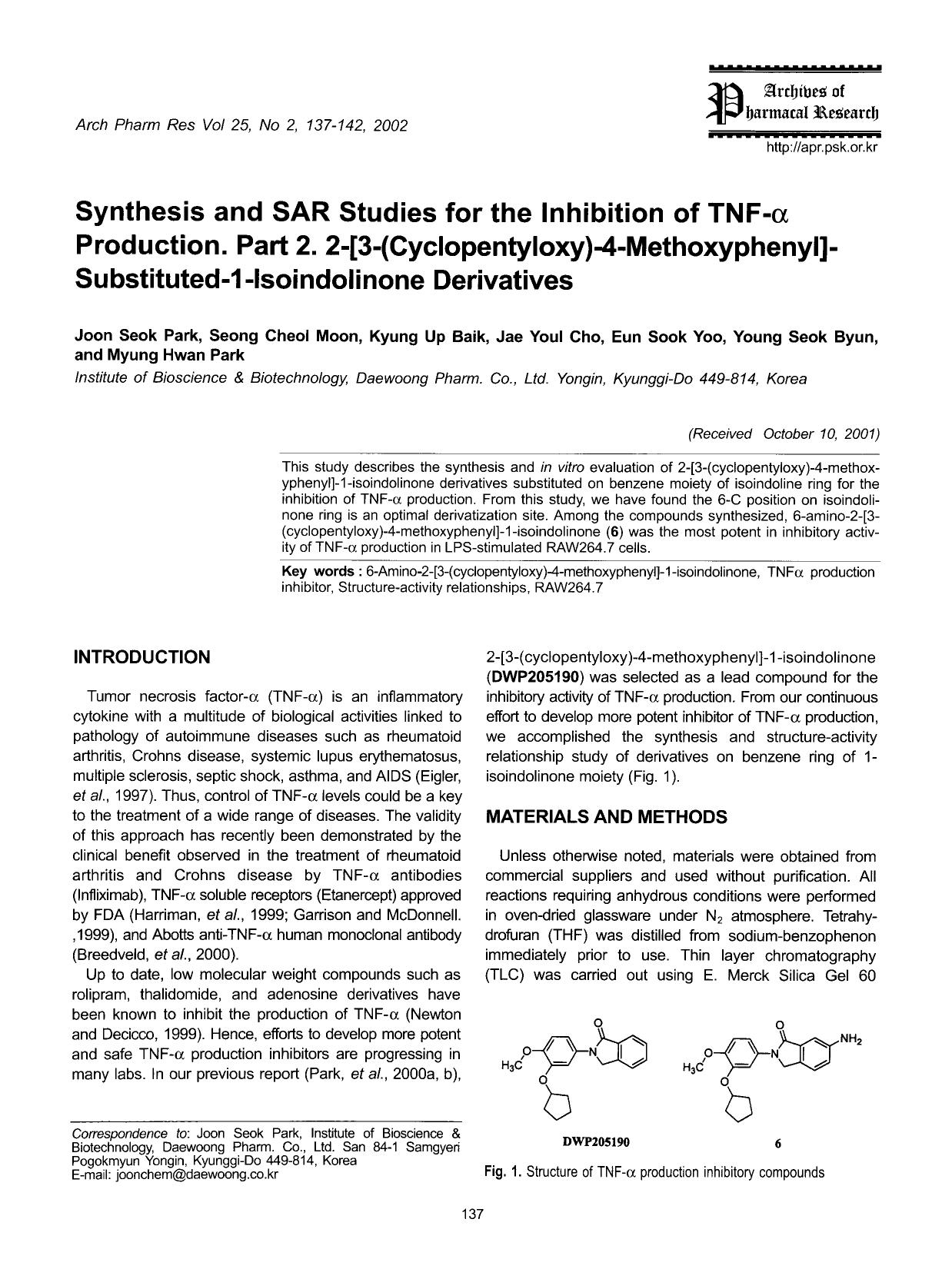 Synthesis and sar studies for the inhibition of tnf-&#x03B1; production. part 2. 2-[3-(cyclopentyloxy)-4-methoxyphenyl]-substituted-1 -isoindolinone derivatives by Unknown