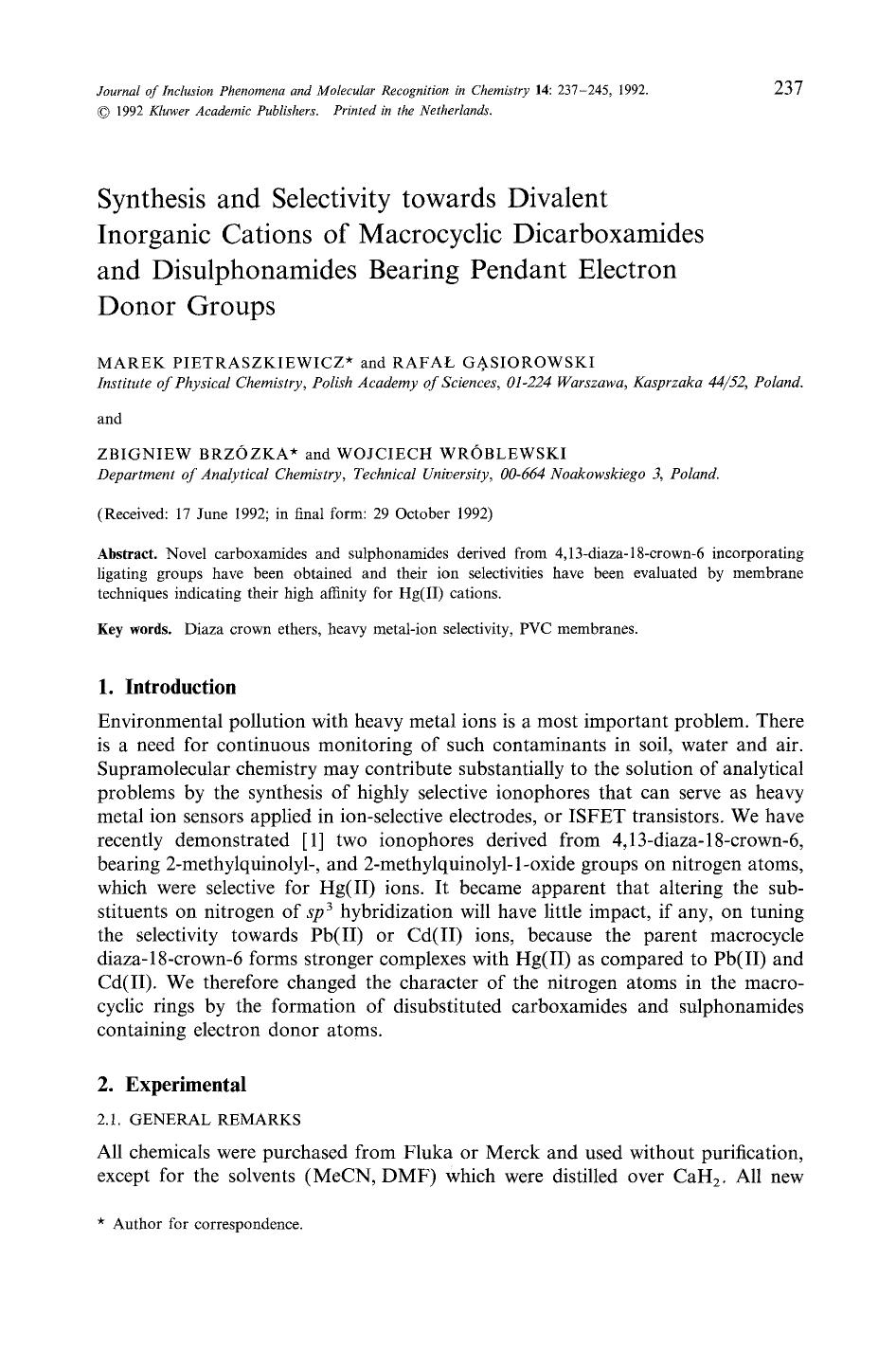 Synthesis and selectivity towards divalent inorganic cations of macrocyclic dicarboxamides and disulphonamides bearing pendant electron donor groups by Unknown
