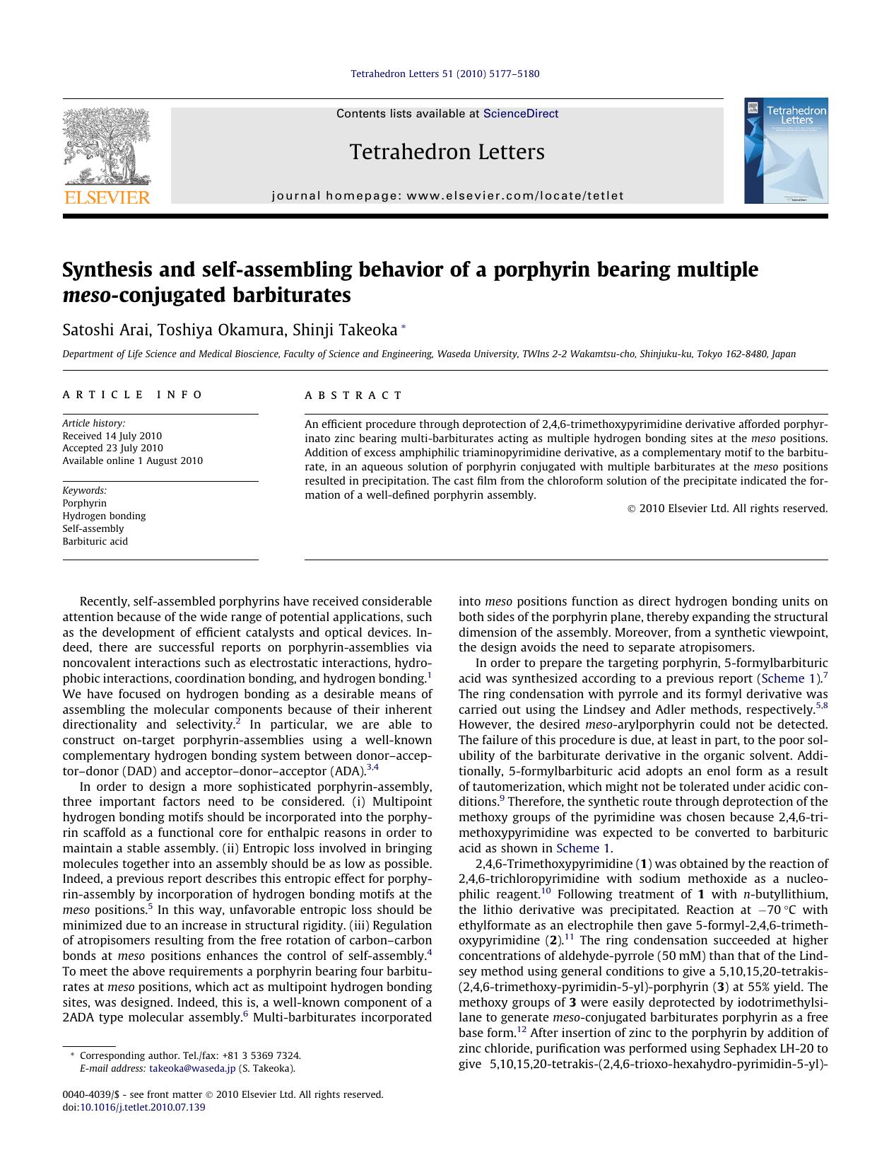 Synthesis and self-assembling behavior of a porphyrin bearing multiple meso-conjugated barbiturates by Satoshi Arai & Toshiya Okamura & Shinji Takeoka