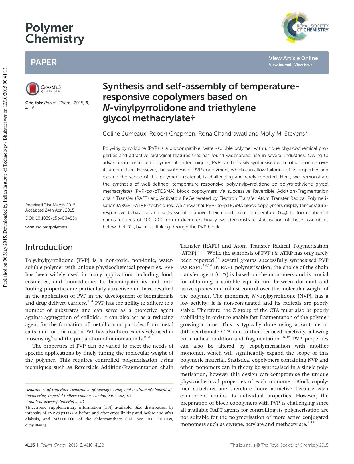 Synthesis and self-assembly of temperature-responsive copolymers based on N-vinylpyrrolidone and triethylene glycol methacrylate by Coline Jumeaux Robert Chapman Rona Chandrawati Molly M. Stevens