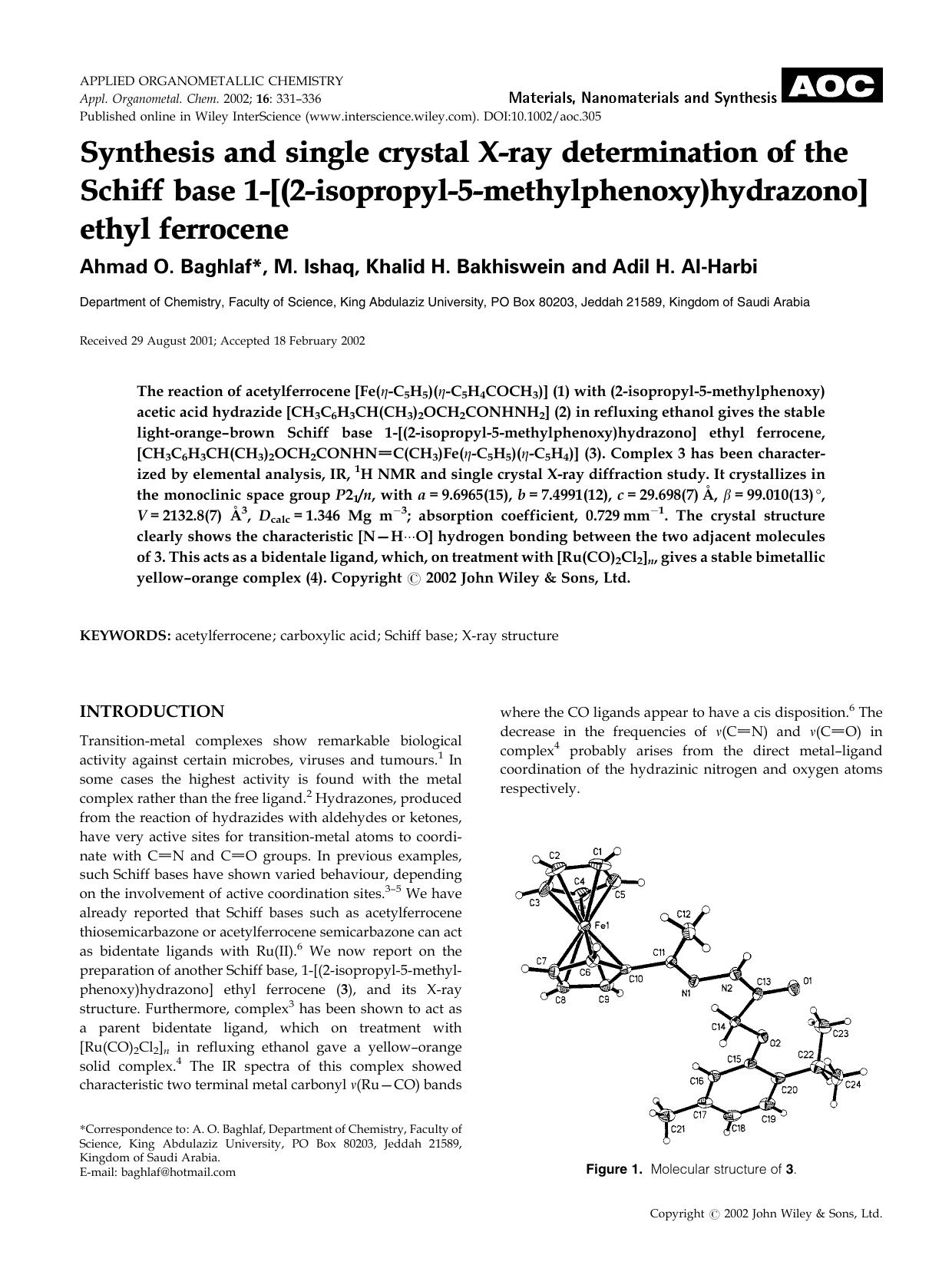 Synthesis and single crystal X-ray determination of the Schiff base 1-[(2-isopropyl-5-methylphenoxy)hydrazono] ethyl ferrocene by Unknown