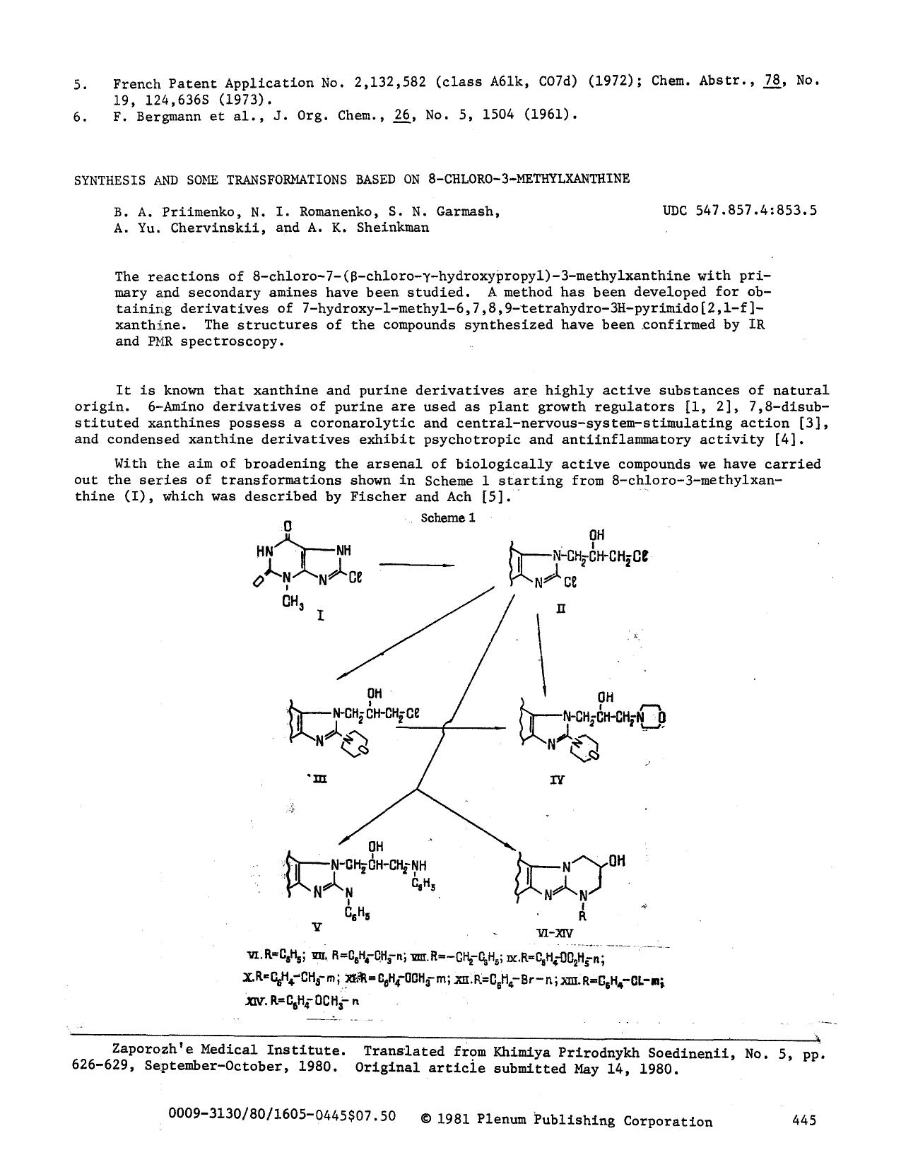Synthesis and some transformations based on 8-chloro-3-methylxanthine by Unknown