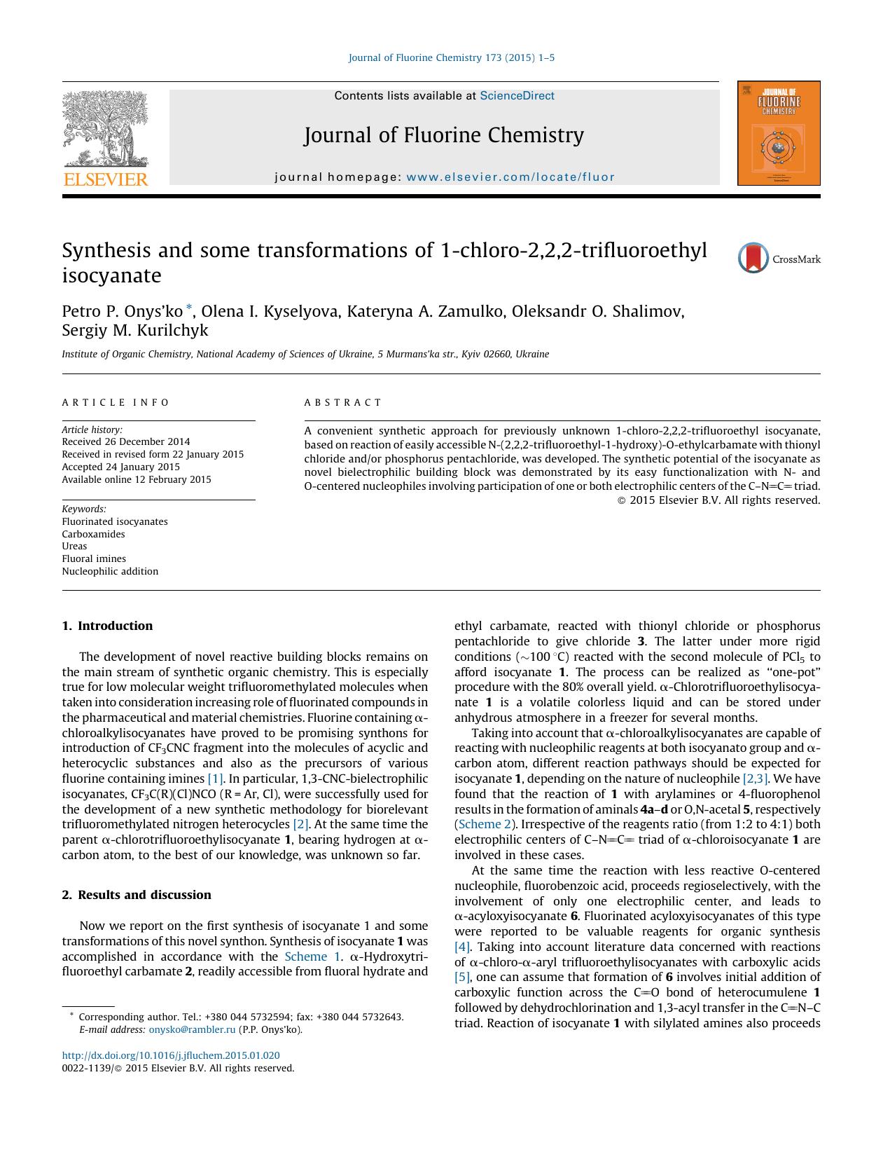Synthesis and some transformations of 1-chloro-2,2,2-trifluoroethyl isocyanate by unknow