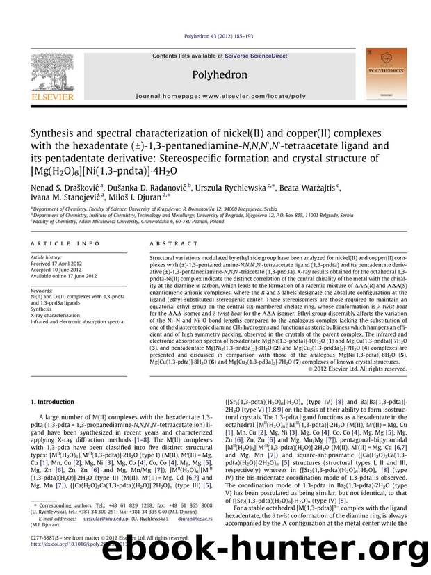 Synthesis and spectral characterization of nickel(II) and copper(II) complexes with the hexadentate (ÃÂ±)-1,3-pentanediamine-N,N,NÃ¢â¬Â²,NÃ¢â¬Â²-tetraacetate ligand and its pent by unknow
