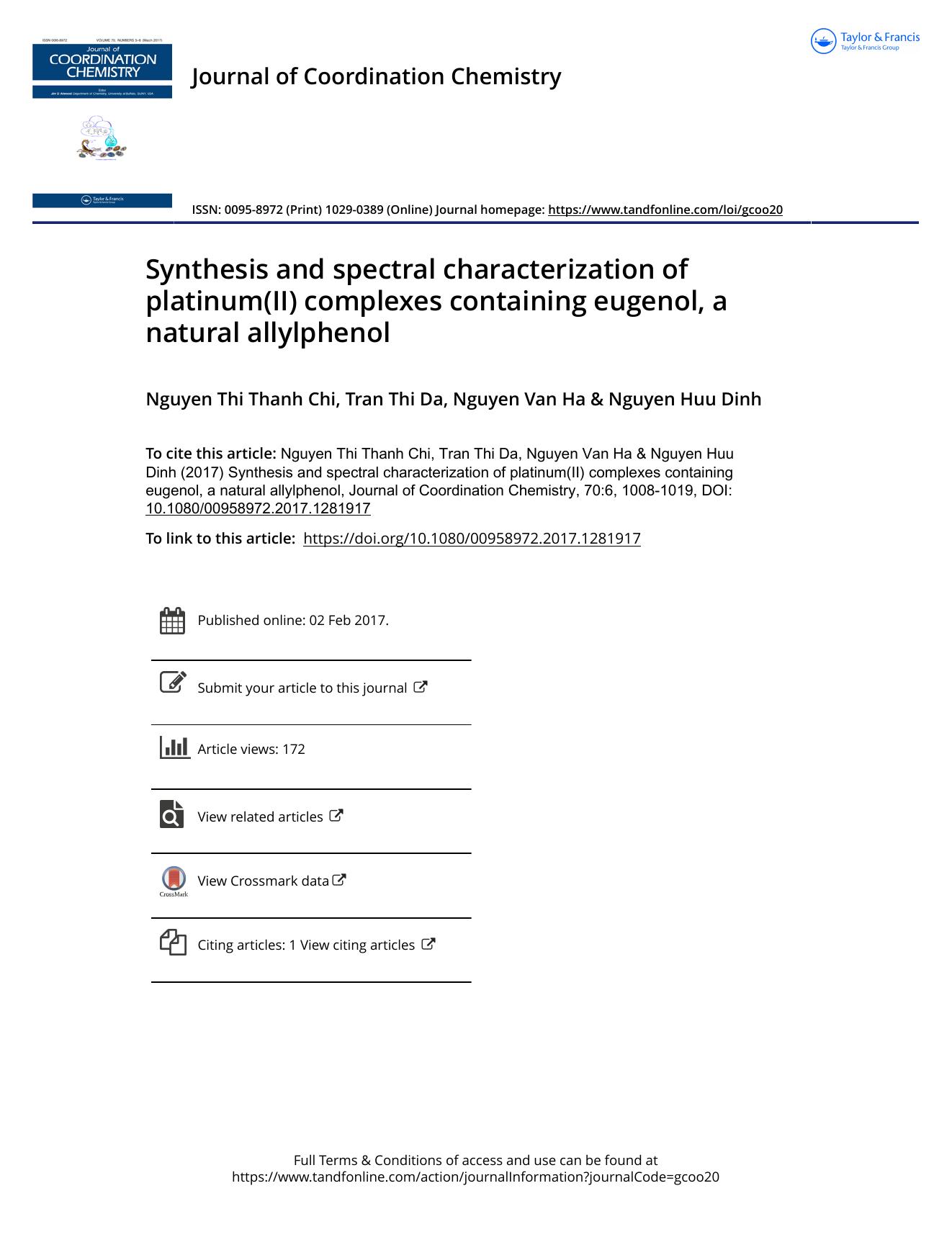 Synthesis and spectral characterization of platinum(II) complexes containing eugenol, a natural allylphenol by Nguyen Thi Thanh Chi & Tran Thi Da & Nguyen Van Ha & Nguyen Huu Dinh