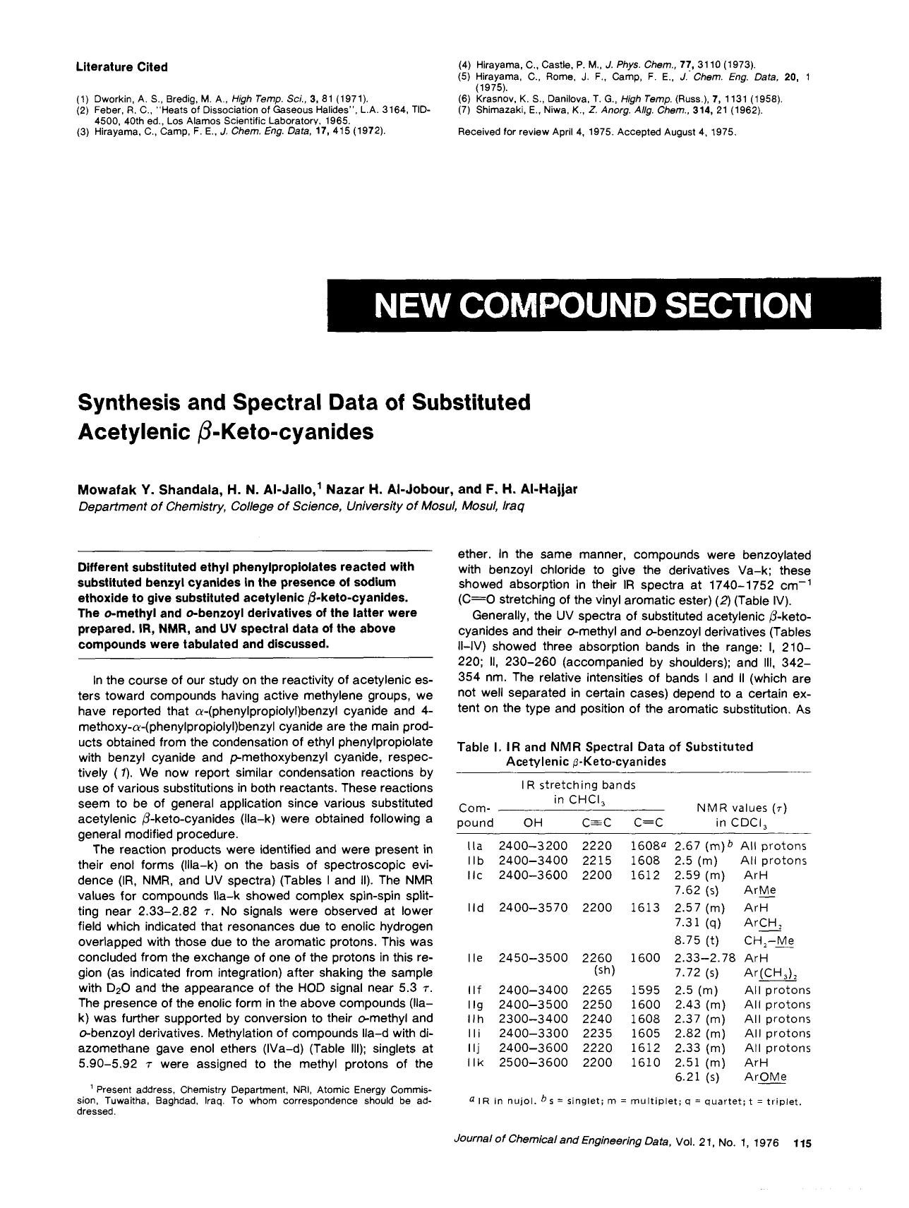 Synthesis and spectral data of substituted acetylenic .beta.-keto-cyanides by Mowafak Y. Shandala H. N. Al-Jallo Nazar H. Al-Jobour F. H. Al-Hajjar