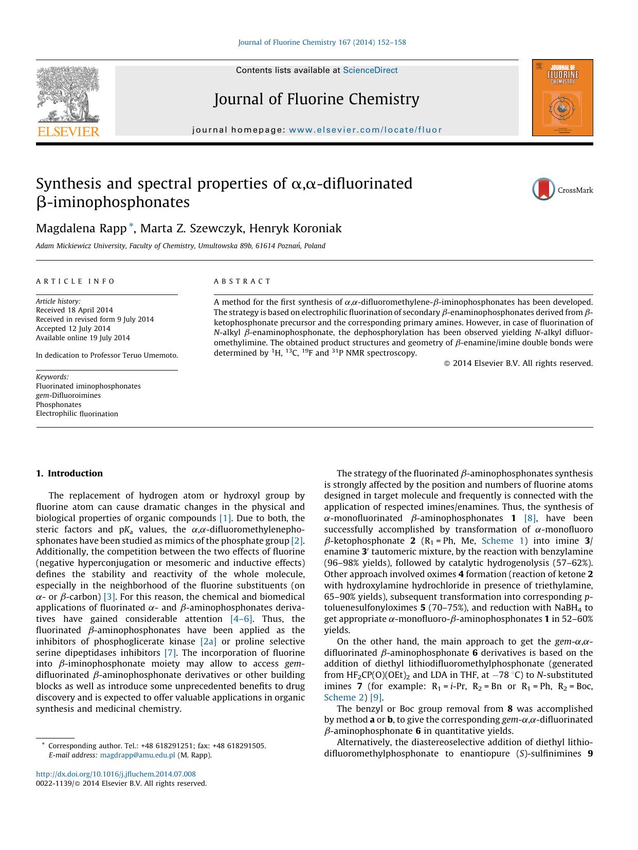 Synthesis and spectral properties of Î±,Î±-difluorinated Î²-iminophosphonates by Magdalena Rapp & Marta Z. Szewczyk & Henryk Koroniak